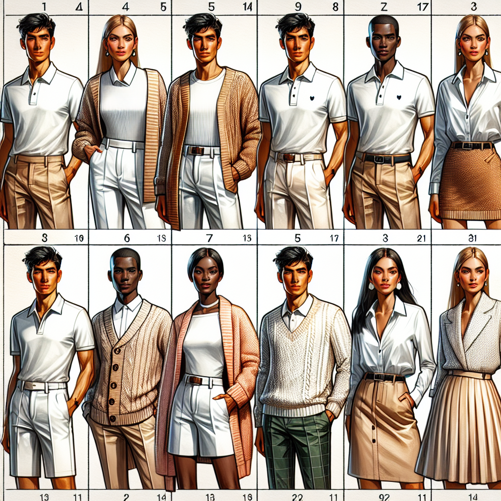Create a detailed and colorful scene featuring a variety of fashionable styling suggestions for a white polo shirt. Include options for different seasons such as adding a warm knitted cardigan for cooler weather, pairing with a classy skirt for summer, or combining with a chic tailored blazer for a business look. The models should be diverse in gender and descent, with a Caucasian male, a Hispanic female, a Middle-Eastern non-binary individual, and a Black female showcasing these styles. The setting could be a modern and urban environment to give the scene a contemporary vibe.