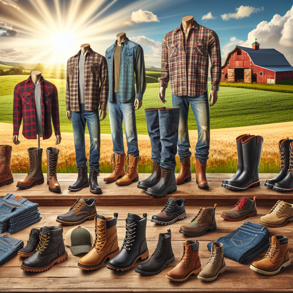 Showcase a vast collection of footwear appropriate for a farm visit. The boots should be sturdy, waterproof, and stylish, suitable for both men and women of different descents like Caucasian, Hispanic, and Black. Focus on the collaboration of practicality and fashion. Display each footwear with various outfit ideas including jeans, shorts, and khakis along with some colorful flannel shirts, vests, and hats. The background of the image should ideally recreate a picturesque farm landscape during a radiant yet cloud-dappled afternoon.  In the distance, a well-kept barn should be seen, adding to the rustic charm.