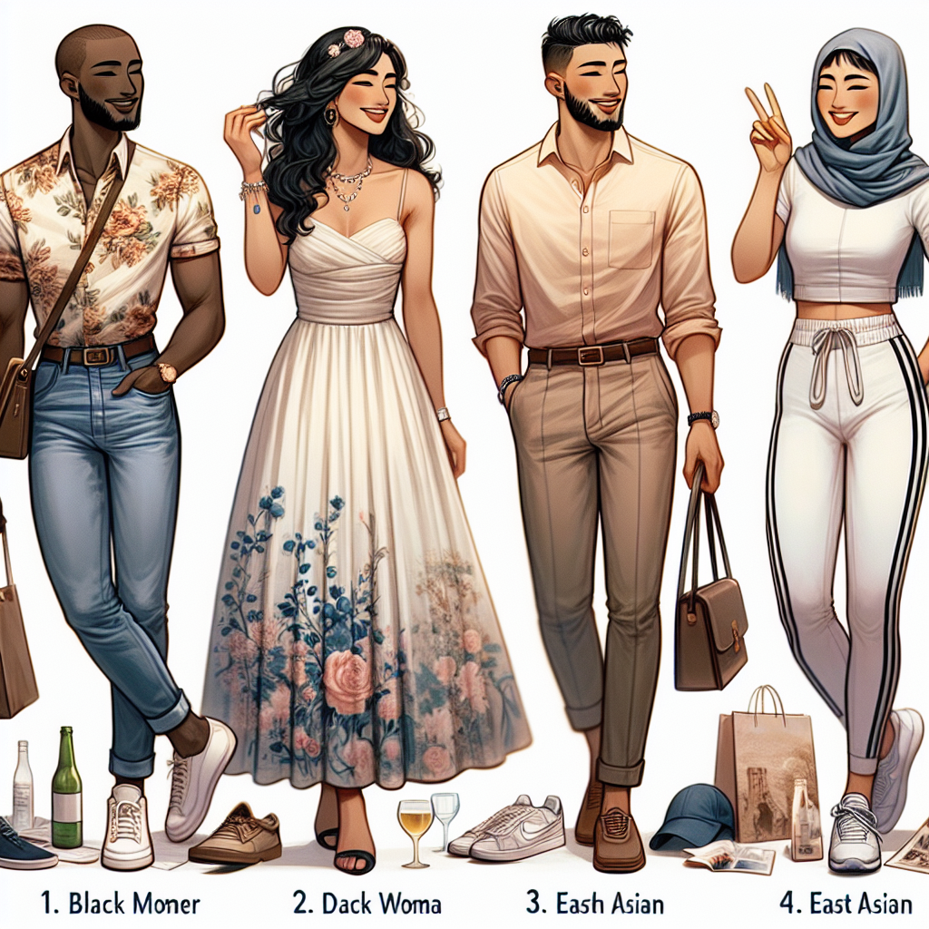 A detailed depiction of four different first date outfits that could be appreciated by men. The first is a casual ensemble worn by a Black woman, consisting of a classy, comfortable pair of jeans with a floral top. The second ensemble is adorned by a Middle-Eastern woman and consists of a stylish midi dress paired with a light cardigan for an evening out. The third outfit is worn by a South Asian woman and is an elegant A-line skirt paired with a simple button-down shirt for a semi-formal setting. Lastly, an East Asian woman in chic activewear for an adventurous date. All four women wear their outfits with confidence and joy, highlighting that the ultimate goal of every outfit is to make the wearer feel comfortable and bold.
