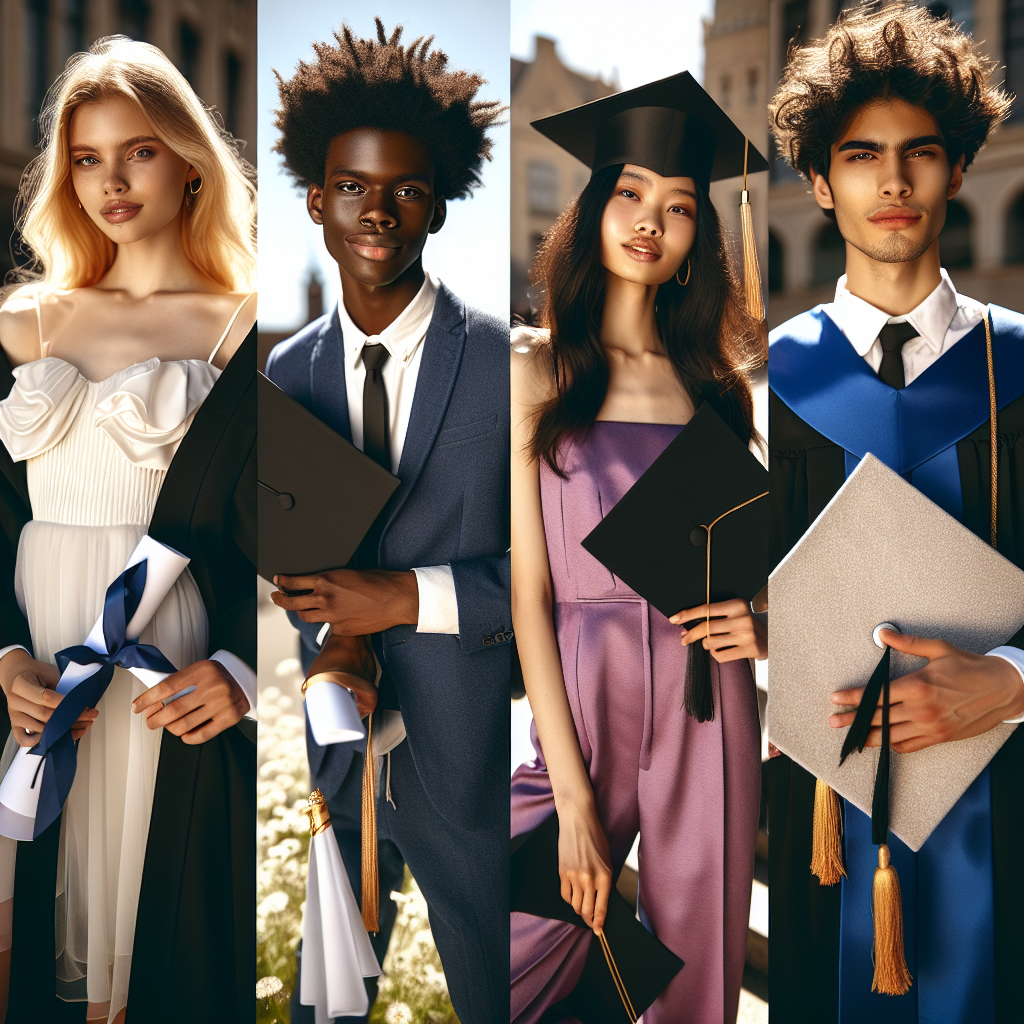 Graduation Outfit Guide: Exclusive & Effortless Styles A well-composed image showcasing a diversity of graduation outfits to suit various personal styles. The image includes four young adults of different ethnicities including a White female, Hispanic male, Black female, and Middle-Eastern male. Each person is wearing their own unique graduation outfit that embodies effortless style. The White female can be seen wearing a classic flowing white dress underneath a shiny black graduation gown and cap, while the Hispanic male wears a tailored navy-blue suit. The Black female has chosen an elegant purple jumpsuit while the Middle-Eastern male is sporting an all-black ensemble. All individuals are holding their graduation caps in their hands, ready to throw them in the air. Compositionally, they are all arranged in an outdoor setting with bright sunlight casting their gently smiling faces in a warm, soft glow.