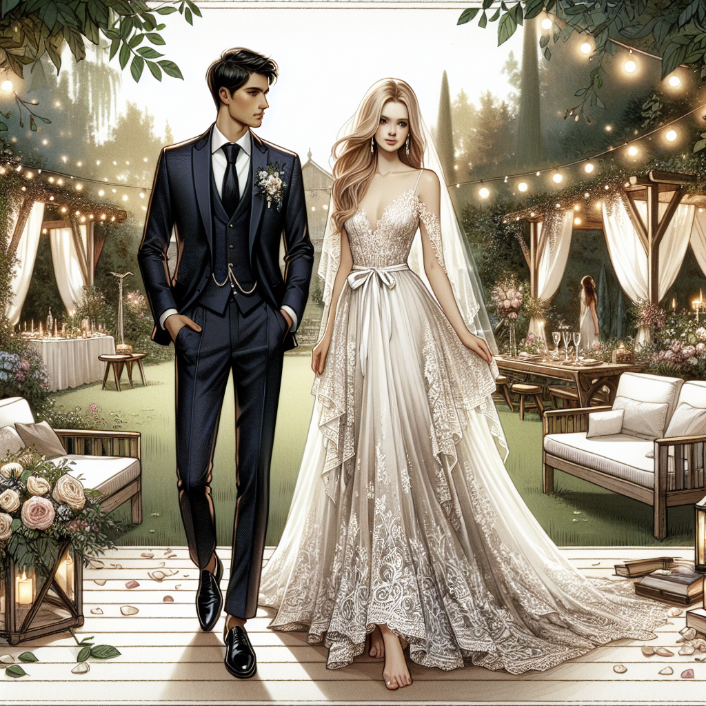 A beautifully illustrated scene capturing an elegant backyard wedding. In the foreground, dress in stunning outfits: a Black groom in a romantic, navy three-piece suit, a pair of cufflinks gleaming in the sun, and a Caucasian bride donning an effortlessly elegant flowy white dress adorned with intricate lace patterns. In the background, a stunning setup filled with soft lights, rustic wooden furnitures and verdant greenery serenely await. Petals of roses are strewn on the ground, adding to the gentle and homey ambiance.
