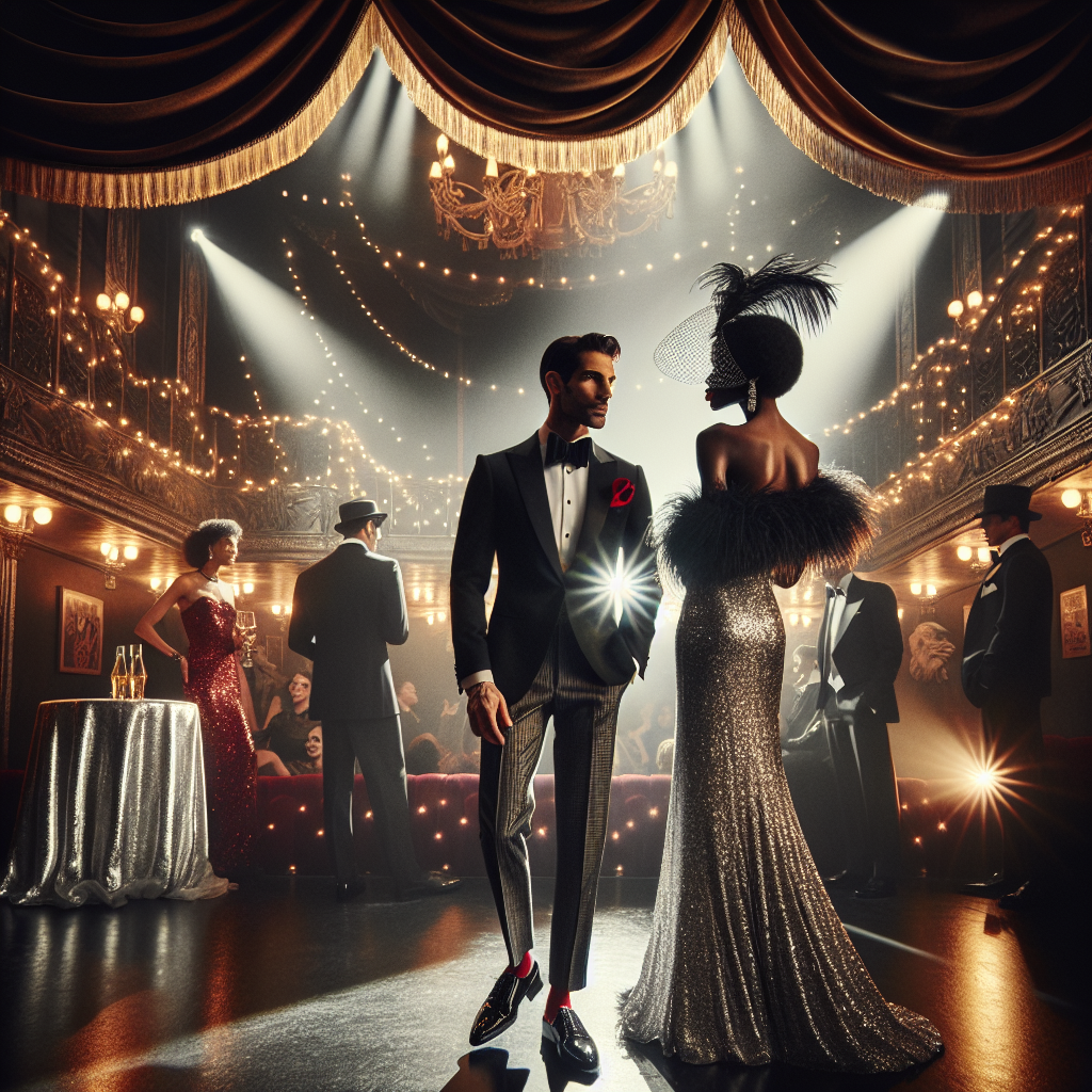 What to Wear to Broadway Party: Exclusive Tips Visualize a scene from a vibrant Broadway-themed party. The environment is filled with atmospheric stage curtains and old-style theater lighting. Show a man and a woman conversing, both elegantly dressed. The man, of Middle-Eastern descent, centers his outfit around a luxurious classic tuxe suit, with a red silk pocket square and shiny patent leather oxfords. The woman, of Black descent, wears a long, glamourous silver-glittered evening gown with a feathered headpiece. The overall ambiance is filled with energy, signs of laughter, and subtle conversations, representing the spirit of Broadway.