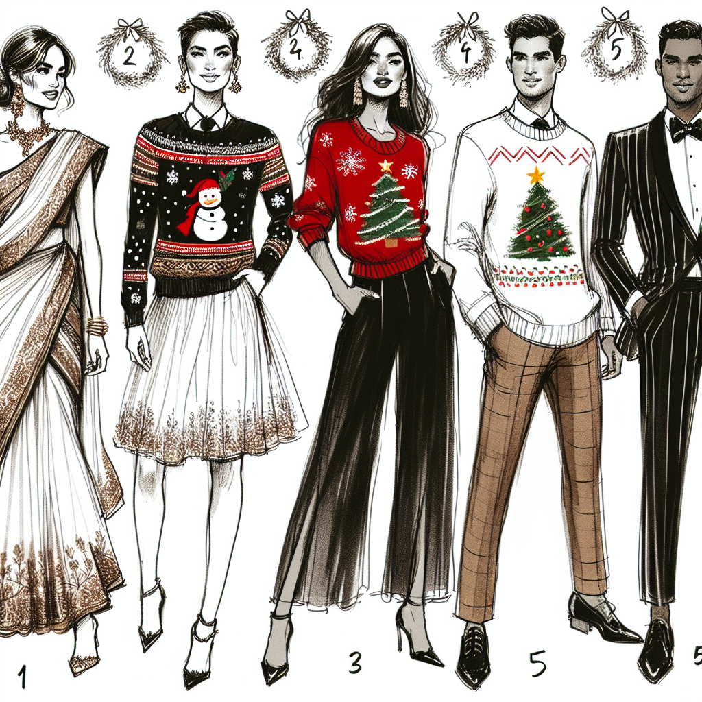 Sketch five visuals of unique holiday attire styles for Christmas parties for diverse individuals. Visual 1: A South-Asian woman in a traditional saree with a festive twist. Visual 2: A Caucasian male donning a classic Christmas sweater. Visual 3: A Hispanic woman in a chic winter cocktail dress. Visual 4: A Middle-Eastern man in a modern tuxedo with a Christmas-themed bow tie. Visual 5: A Black woman wearing a glamorous velvet jumpsuit. Capture the flavor of celebration while keeping each outfit effortless and stylish.
