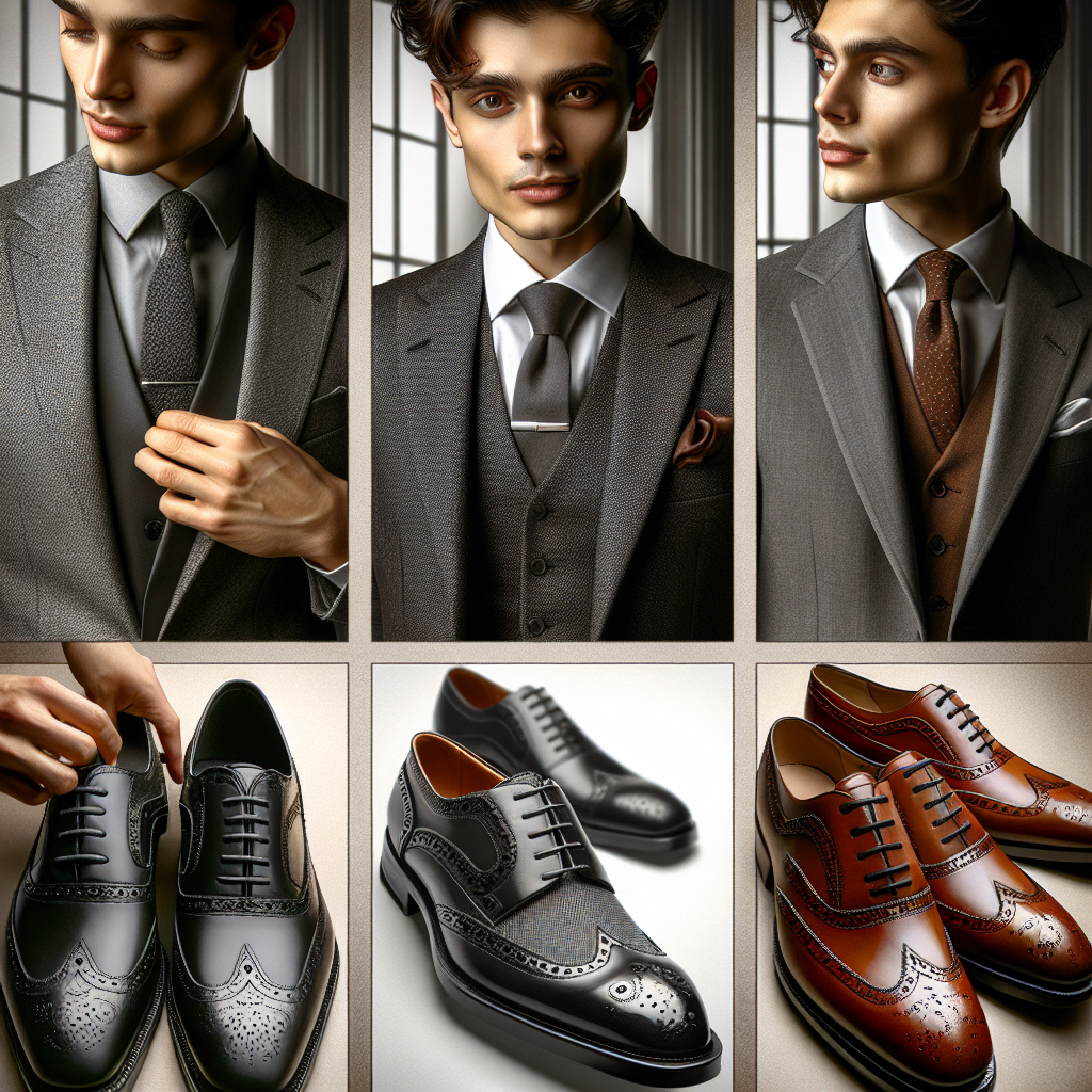 A detailed guide showcasing a variety of stunning shoe pairings for grey suits. The first image illustrates a polished black Oxford shoe, juxtaposed against a light grey suit. The second image highlights a rich brown brogue shoe complementing a charcoal grey suit. Each image emphasises the shoe's intricate detailing, luxurious texture, and the overall harmony of the ensemble. A friendly, East Asian stylist meticulously pairs each shoe with the suit, while a South Asian man models them. Their expressions of confidence and satisfaction reflect the magnitude of the perfect pairings.