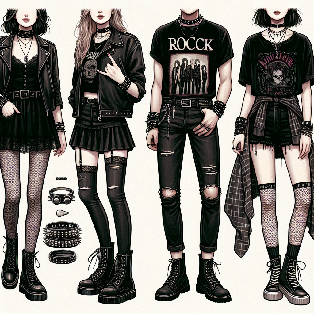 Stunning Outfits for Rock Concerts: Effortless Style Tips Visualize a fashion guide for rocking concert outfits showcasing effortless style. The image features three individuals exhibiting different rock-inspired outfits. The first person is a Caucasian female in a black leather jacket, ripped denim jeans, and combat boots. The second person is a Black male sporting a classic band t-shirt, black skinny jeans, and chunky black boots. The third person is an Asian female donning a grungy plaid shirt, black shorts, and high top sneakers. Accessories like studded bracelets, laced chokers, and aviator sunglasses enhance their outfits while showing their unique styles.