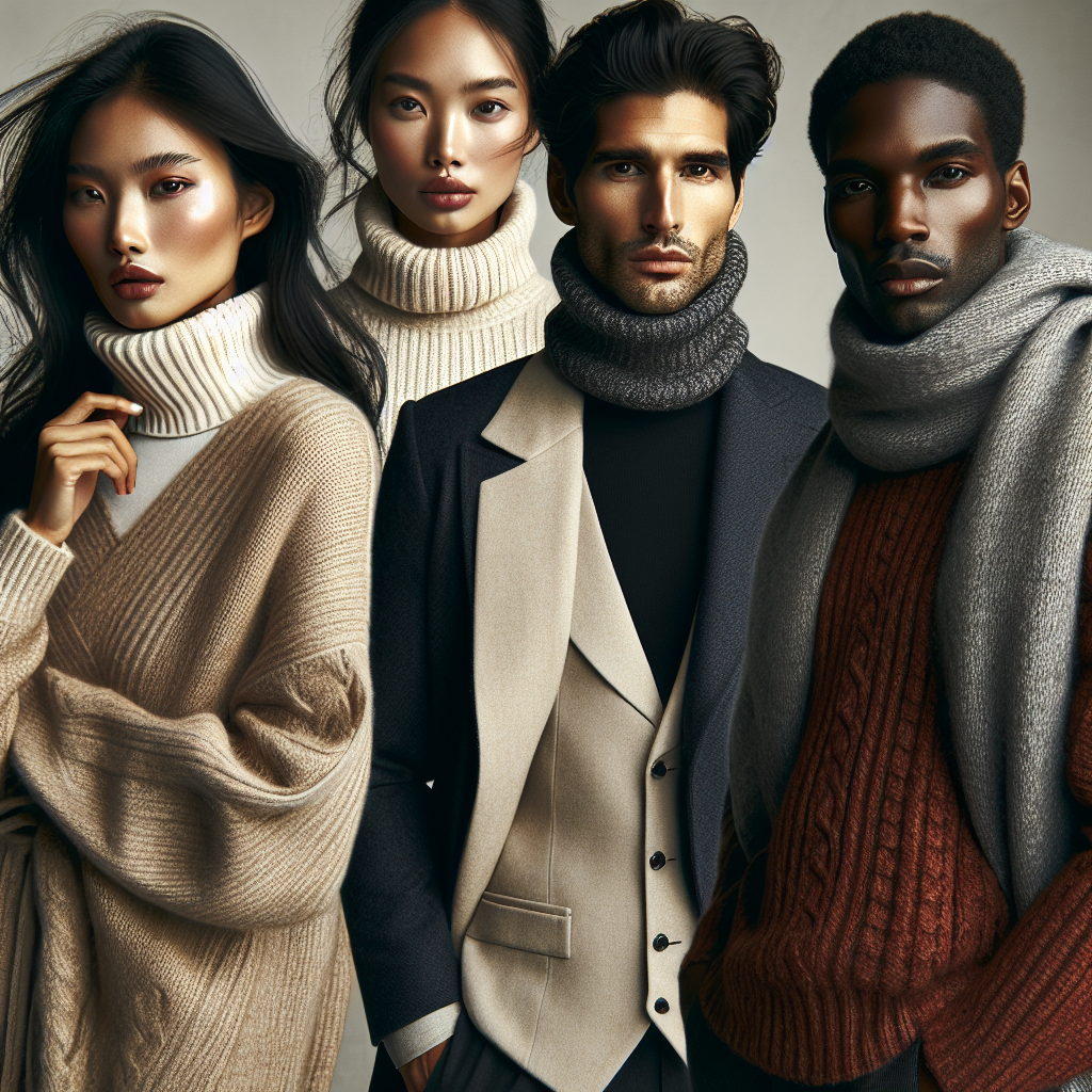 Must-Have Layering: Best Styles Over a Turtleneck Showcase a variety of must-have layering styles over a turtleneck. Show a South Asian woman wearing an oversized cardigan over a beige turtleneck; an Caucasian man wearing a navy blue blazer over a white turtleneck; a Hispanic woman wearing a chunky scarf with a red turtleneck and a black Middle-Eastern man donning a grey waistcoat over a dark turtleneck. Make sure each individual is fashionable and exudes flair. The image should evoke a sense of warmth, class, and fashion-forward charm.