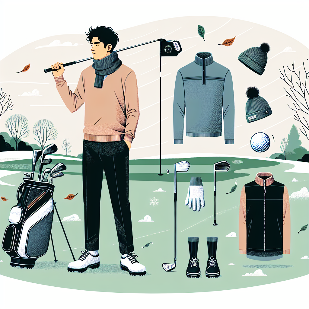 An illustration of a practical guide on what to wear on a cold golf day. The image should depict an Asian male golfer styling winter gear including a thermal golf shirt, warm pants, windproof jacket, and earmuffs. He's holding a golf club and preparing for a swing. A golf bag with various clubs stands near him. Around him, the golf course is visible with trimmed grass and snow patches, along with a flagstick in the distance. A chilly wind is discernible in the image, with leaves flitting around, emphasizing the cold weather. On the top right corner, overlay a title text that says 'Essential Guide: What to Wear on a Cold Golf Day'.