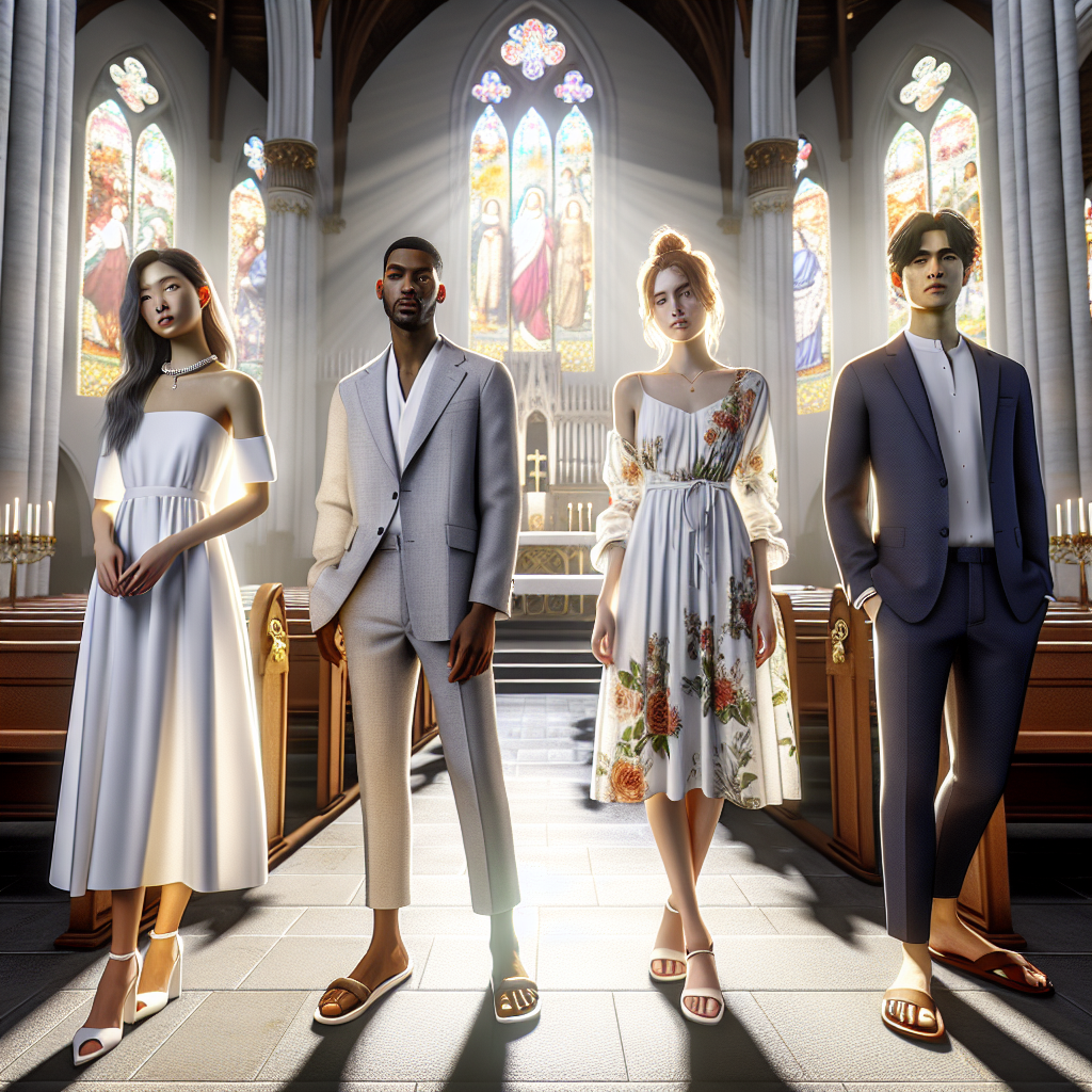 Create a visually captivating image displaying the ideal attire for a baptism ceremony. The scene should be set inside a beautifully designed church with sun rays filtering through colorful stained glass windows. In this setting, present four models showcasing different outfits suitable for the occasion. The first model, an Asian woman, should be wearing a classic white dress paired with a pearl necklace. The second model, a Black man, should be in a crisp light grey suit. The third model, a Caucasian woman, should be in an elegant floral print dress. Lastly, the fourth model, a Middle-Eastern man, should wear a navy blue suit. Give attention to the detailing of each outfit, from the fabric texture to the accompanying accessories. Slightly blur the background to put focus on the models and their outfits.