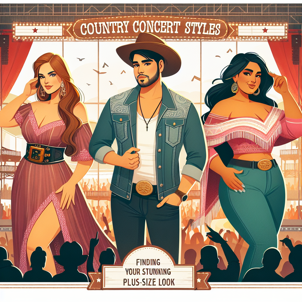 Country Concert Styles: Find Your Stunning Plus-Size Look Illustrate an article header for the theme 'Country Concert Styles: Finding Your Stunning Plus-Size Look'. The image should feature three individuals of diverse descent such as a Middle-Eastern woman, a Hispanic man, and a South Asian woman. They should be styled in fashionable plus-size country outfits. The background should depict a country concert setting with elements such as a stage, musical instruments, and crowds.