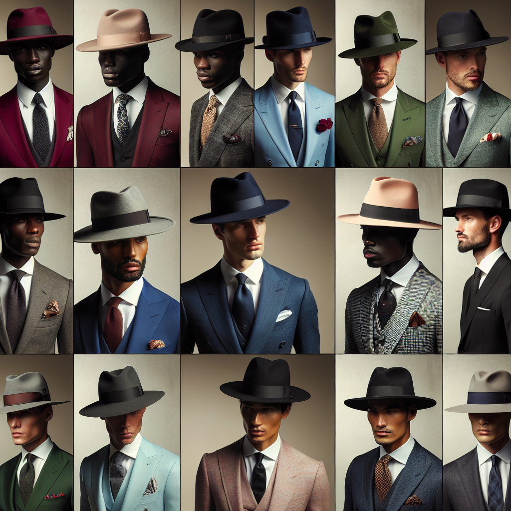 Showcase a variety of elegant hats, perfectly matching with dapper suits for enthusiasts who appreciate class and style. Display styles like fedoras, bowlers, and Panama hats. Each hat should be complemented by a matching suit, varying in colours from classic black to vibrant shades. Showcase four men: a black man with a burgundy suit, a Caucasian man in a navy-blue suit, a Hispanic man in a pastel green suit and a South Asian man in a classic black suit, each elegantly presenting the synergy of their carefully selected hat and suit. The emphasis should be on the fit and the aesthetic charm each combination brings.