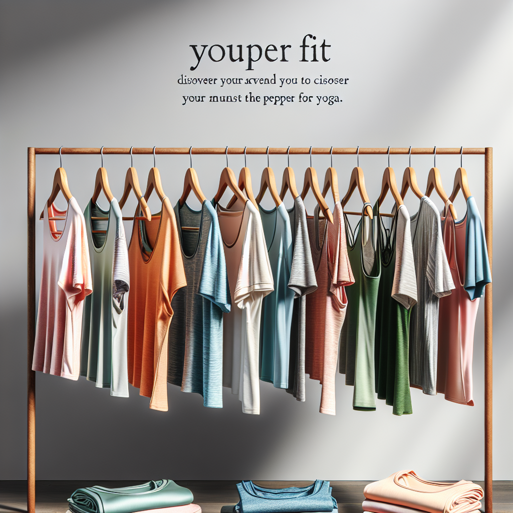 A collection of various yoga shirts hung on a wooden rack against a serene, minimalist background. The shirts range in style, including loose tank tops, form-fitting short sleeves, and breathable long sleeves. Each shirt embodies a touch of vibrant color (soft pinks, ocean blues, leafy greens, and sunshine yellows) and is made of high-quality, stretchable fabric. Mingling with the shirts are calming yoga tips for choosing the proper fit, displayed as overlaying text. The tone of the image should be light-hearted but informative, inviting everyone, regardless of gender, ethnicity, or size, to discover their must-have fit for yoga.