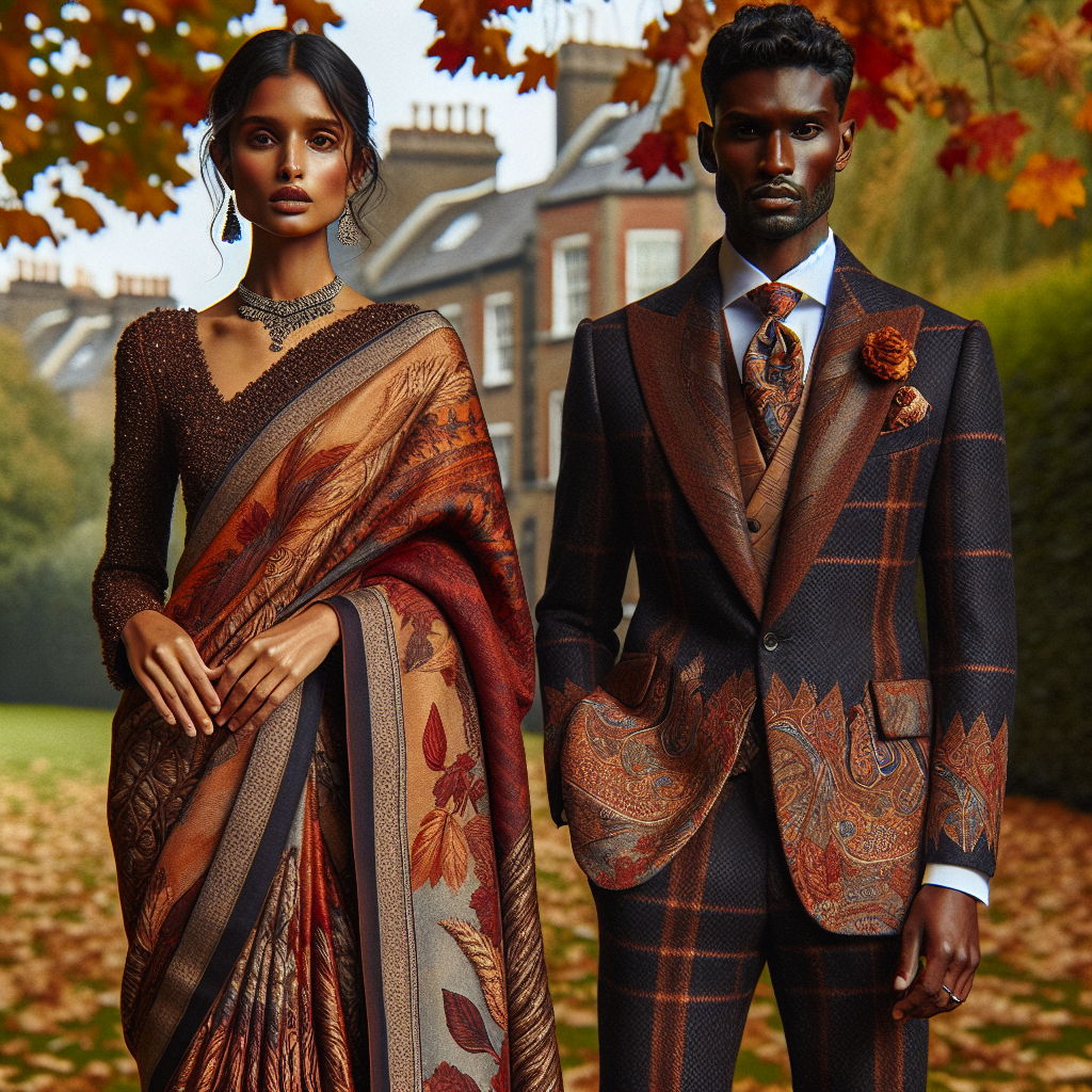 What to Wear to a Fall Wedding: Effortless & Stunning A South Asian woman wearing a poised elegant autumn-themed saree, the fabric adorned with intricately woven patterns of dried leaves in a blend of burnt orange, maroon, and browns, teamed with a heavy embellished blouse. Near her, a Black man in a refined navy suit perfect for a cooler climate: the jacket is made of wool and he is wearing a paisley patterned tie in autumn colors, and polished dress shoes. Both are in an outdoor setting with trees showing off their fall colors in the background.
