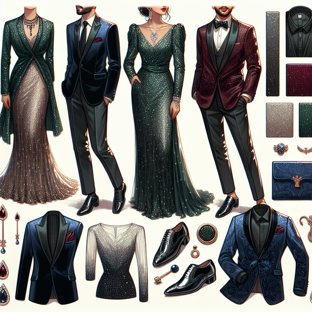 A detailed visualization of must-have outfits for a winter formal event, showcasing effortless style. Picture a sophisticated and warm ensemble which includes a long, elegant emerald green gown for a Caucasian woman with statement jewellery. Next, visualize a stylish black dinner suit for an Hispanic man, paired with a crimson pocket square and matching tie pin. Additionally, imagine a South Asian woman in a chic and classy sequined sheath dress in shades of icy silver. Lastly, envision a Middle-Eastern man in a cobalt blue velvet blazer paired with dark trousers and glossy dress shoes.