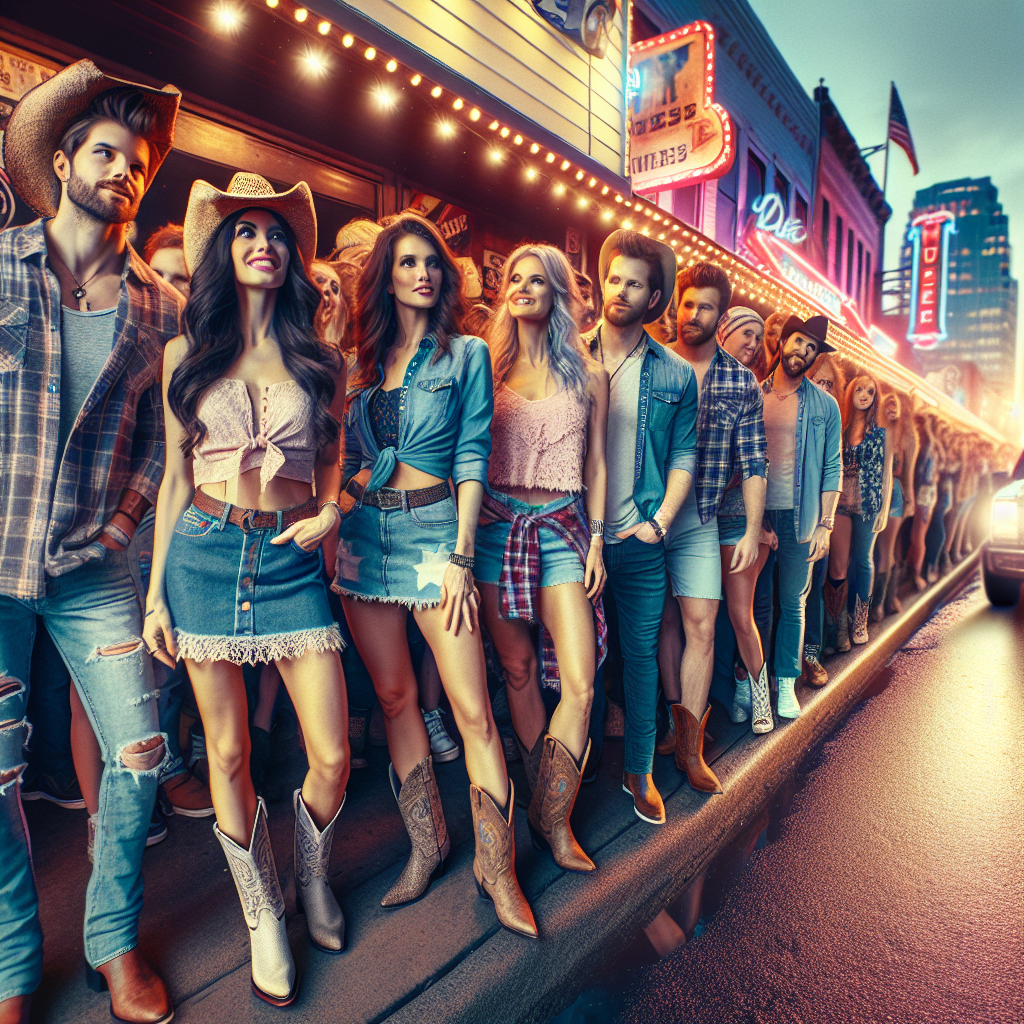 What to Wear to a Keith Urban Concert: Exclusive Styles Portray a bustling street scene outside of a country music concert venue at dusk. Display a diverse group of fans excitedly lined up, dressed in fashionable, country-themed attire. One woman wears a denim skirt and cowboy boots, while another man sports a flannel shirt and a cowboy hat. The buzzing neon lights from the venue hint at the celebration inside. Draw attention to a booth selling band-themed merchandise such as t-shirts and hats. Note the energy and anticipation in this vibrant, music-filled setting.
