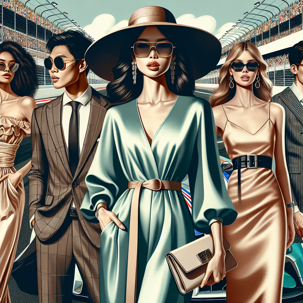 Create an image of a vibrant race track scene featuring a diverse selection of spectators showcasing their effortless, chic style. Include a Middle-Eastern woman in a stylish jumpsuit and a wide-brimmed hat, an Asian man in a tailored suit and sunglasses, and a Caucasian woman in a sundress with an elegant clutch purse. Include the backdrop of the thrilling race with sleek race cars on the track. The general atmosphere is elegant, electrifying, and festive.