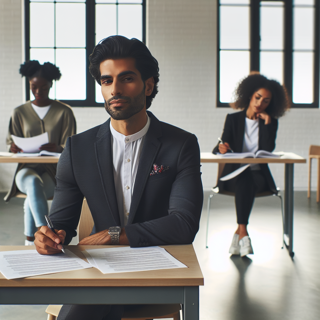 Ace Your Citizenship Interview: Stunning, Effortless Styles An educational setting where a diverse group of individuals are studying and preparing for a citizenship interview. A Middle-Eastern man confidently practices answering questions, with his neatly organized notes on the wooden table before him. Across the room, a Black woman rehearses her interview while serving a graceful look in a sophisticated attire, her hair styled into a chic bun. In another corner, a Hispanic woman is perfecting her answers, her outfit leaving an impression of effortless style and poise. A calm, focused atmosphere encompasses the scene, indicative of both preparation and quiet confidence.