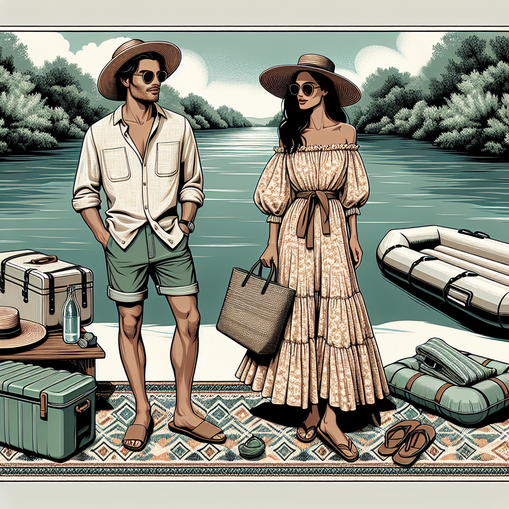 Float Trip Style Guide: Effortless, Stunning Picks Illustrate an image depicting the spirit of a float trip. Picture a scene with a tranquil river surrounded by greenery. Front and center, visualize a Hispanic man and a Middle-Eastern woman, both showcasing casual yet stylish outfits suitable for a float trip. The man is wearing a light-colored, linen shirt with rolled-up sleeves, khaki shorts, a straw hat, and sunglasses. The woman is dressed in a flowy, sun-dress with a wide-brimmed hat and holding a tote bag with picnic essentials. Further, imagine a durable, patterned blanket, a cooler, and two float tubes in the backdrop, ready to be launched into the water.
