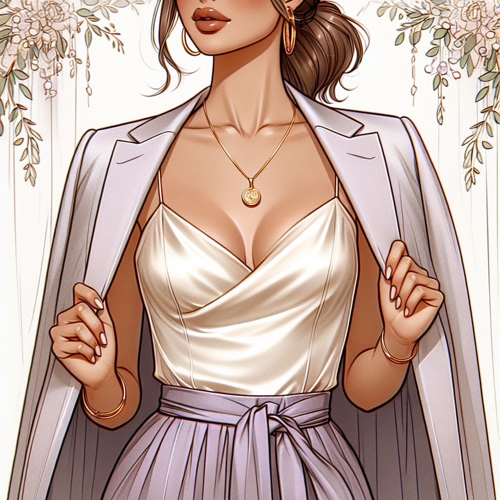 Stunning Styles to Wear Underneath a Blazer at Weddings Illustrate an elegant fashion ensemble for a wedding event, with the spotlight on stylish attire to wear underneath a blazer. The image should depict a chic silk camisole top in classic ivory paired with high-waisted palazzo pants in muted lavender. Accessories include a delicate gold pendant necklace and matching hoop earrings. The individual wearing these attire is a Hispanic female with a chic ponytail and smoky eye makeup, holding the collar of her open blazer, revealing the outfit underneath. The background should indicate the festive ambiance of a wedding, perhaps showing a delicately draped garland of flowers.