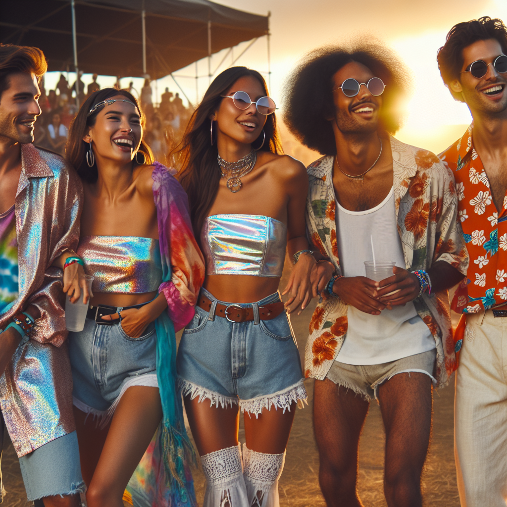 Imagine a lively music festival scene as the sun sets. A group of friends, each of diverse descents, is showing off their trendy festival outfits. To the left, a Caucasian woman in a shimmering holographic two-piece set is laughing while a South Asian man in a tie-dye shirt and denim shorts is sharing a joke with a Middle-Eastern woman in a bohemian maxi dress. To the right, an African-American man in a vibrant Hawaiian shirt and white linen pants is dancing with a Hispanic woman in a floral jumpsuit. They all embody the spirit and energy of concert-goers, eager for an unforgettable night of music and celebration.