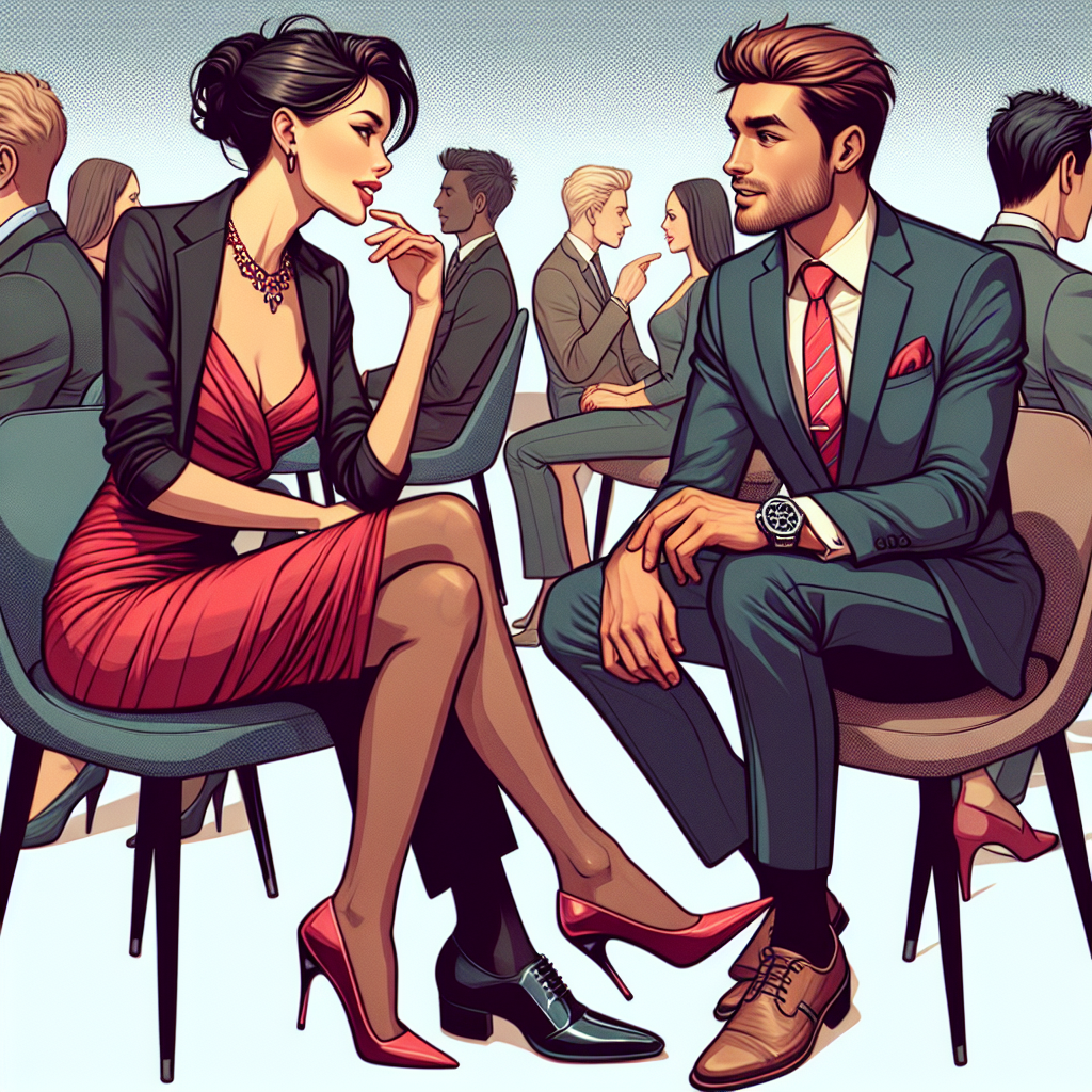 Picture an exciting speed dating event. At the centre, visualize two individuals sitting opposite each other. A Caucasian man dressed in a classy dark suit with a vibrant, yet elegant tie, and a smart watch on his wrist. He is engaged in lively conversation with a Hispanic woman who is wearing a chic red cocktail dress, complimented by trendy high heels, and a statement necklace. Both individuals portray confidence and attractiveness through their chosen attires. The environment around them buzzes with energy, as similarly dressed diverse individuals interact in speedy but meaningful conversations.