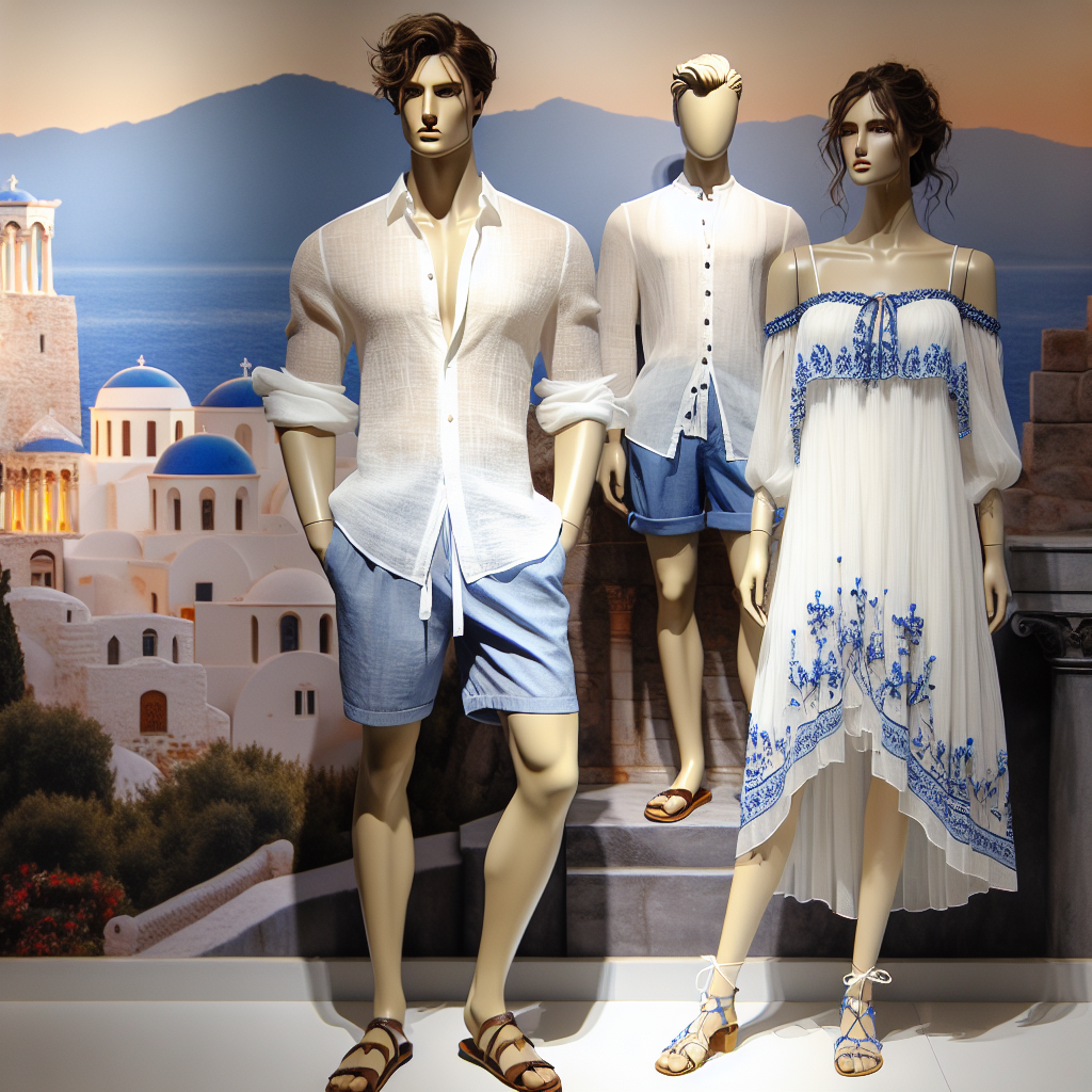Stunning Greece Outfits: Look Chic, Not Touristy Image of an elegant and sophisticated clothing display. The outfits should echo traditional Greek fashion elements but with a modern twist, making them chic and stylish. Include an ensemble for a male figure with olive skin, featuring a linen white shirt and breezy blue shorts. Next to it, a female figure of Mediterranean descent should be adorned in a flowy, white sundress with blue embellishments, reminiscent of the Greek flag colors. The backdrop of the scene may incorporate iconic Greek architecture or landscapes to set the scene without making it look overly touristy.