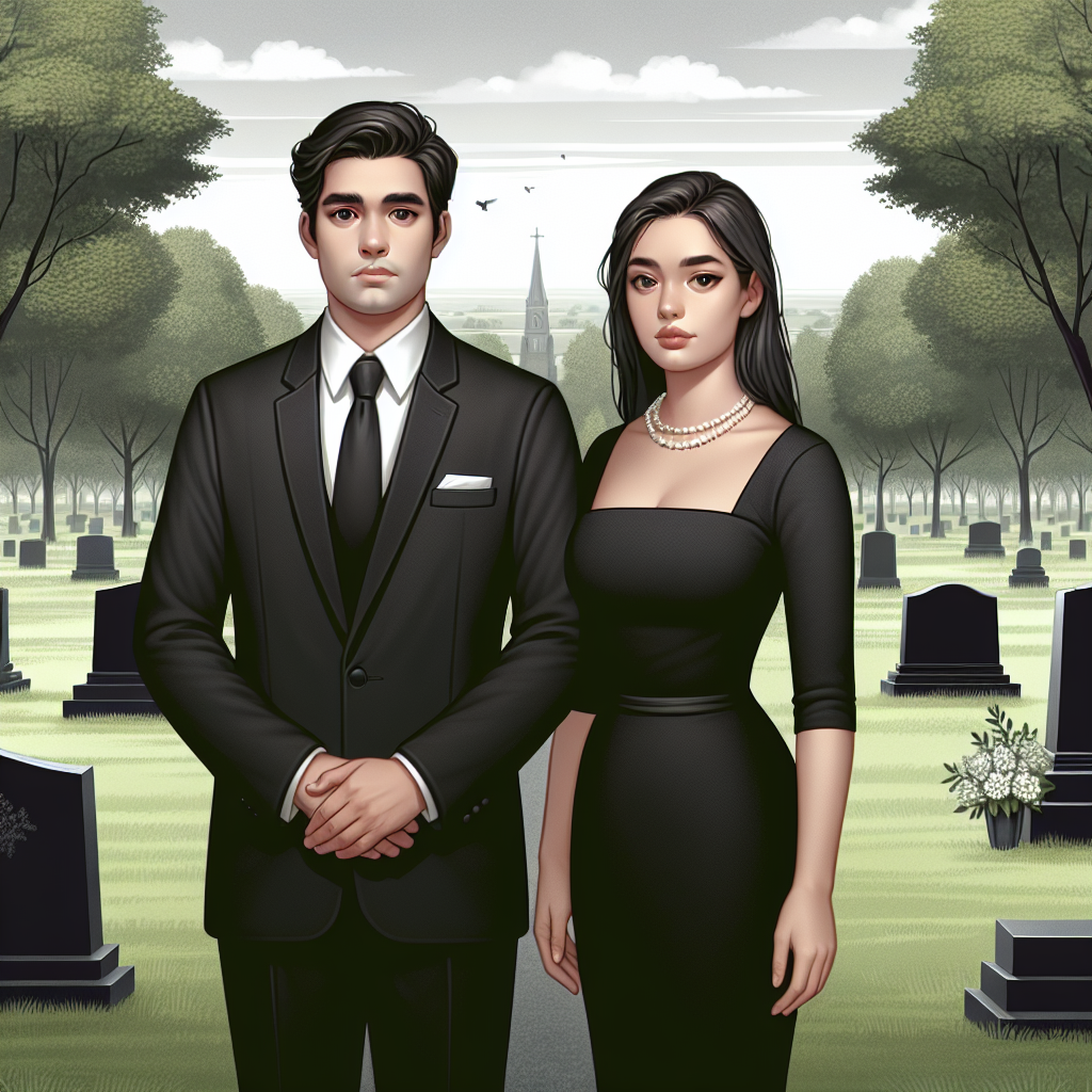 Visualize this scene: a respectful person of South Asian descent, donning a classic, black suit with a crisp white shirt and a black tie. To the side, a Hispanic woman wearing an elegant, conservative black dress paired with a delicate string of pearls around her neck. They both stand in a serene cemetery filled with lush, green trees and dotted with subtle, grey tombstones. The sky above is a soft, cloudy white. This image represents respectful attire suitable for a funeral.