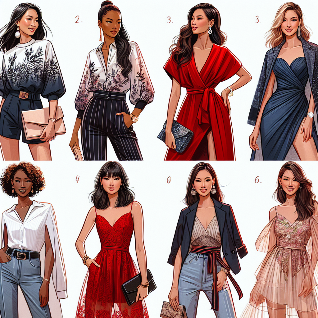 Date Outfits for Women: Stunning & Effortless Choices A variety of date outfits for women showcasing different styles and cultural influence. Image 1: An Asian woman dressed in a chic, modern outfit with a unique blouse. Image 2: A Black woman in an elegant red dress accessorized with a stylish clutch. Image 3: A Middle-Eastern woman wearing a sophisticated jumpsuit. Image 4: A Hispanic woman in a fun, casual outfit with jeans and a printed T-shirt. Image 5: A Caucasian woman styled in a trendy cocktail dress. Each outfit appears effortlessly fashionable, adding to the confidence of the woman wearing it.