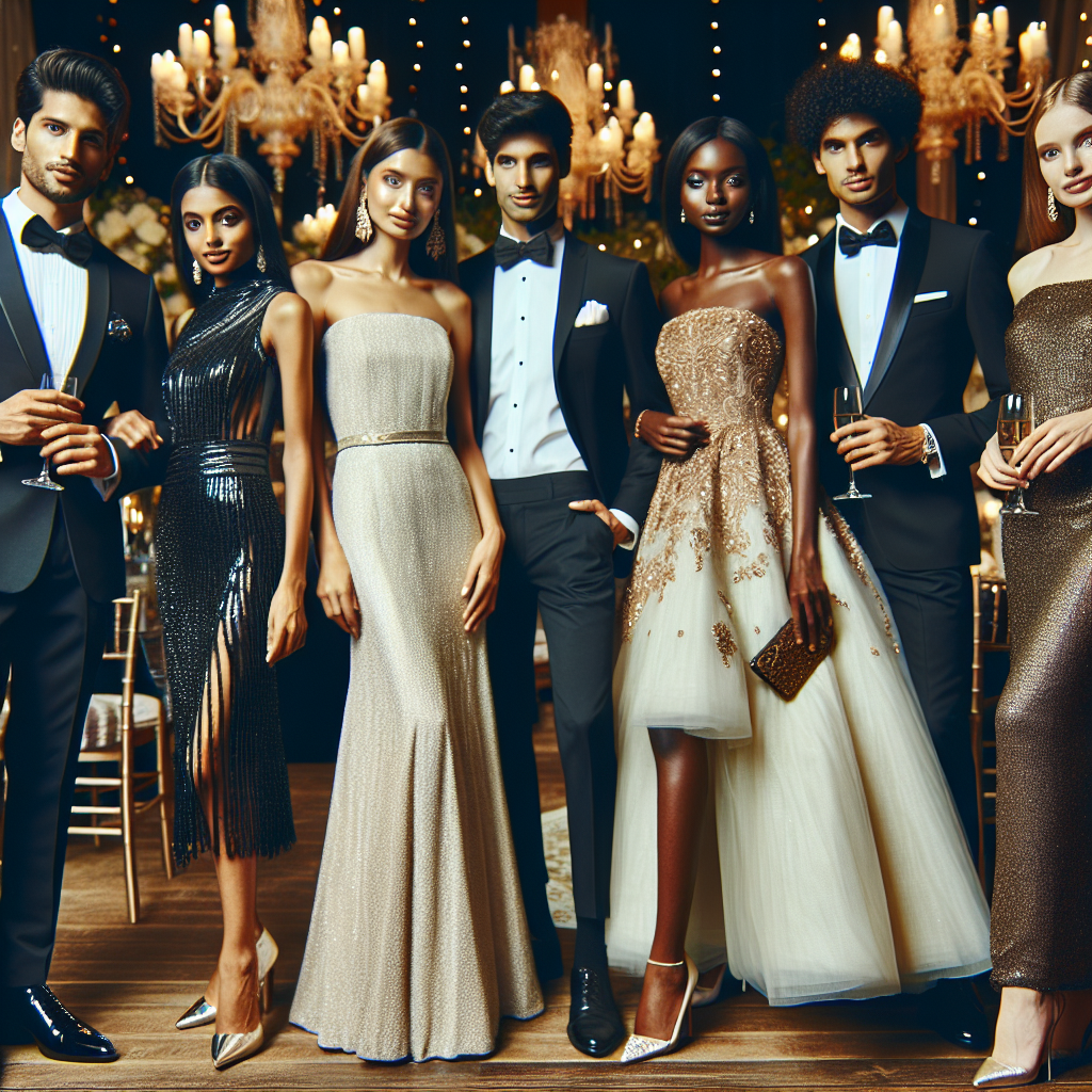 Visualize a vibrant scene at a wedding reception. Focus on the abundance of gorgeous wedding reception outfits, including glossy gowns and sharp tuxedos. There are people dressed elegantly, each outfit befitting the wearer's personal style. Feature a South Asian man in a classic Sherwani and a black woman in a graceful ankle-length cocktail dress. Include a white lady in an elegant Grecian gown, a Middle-Eastern man in a formal suit, and a Hispanic woman wearing a chic, sequined dress. Capture the excitement and elegance of the occasion, with tasteful decor, soft lighting, and joyful faces all around.