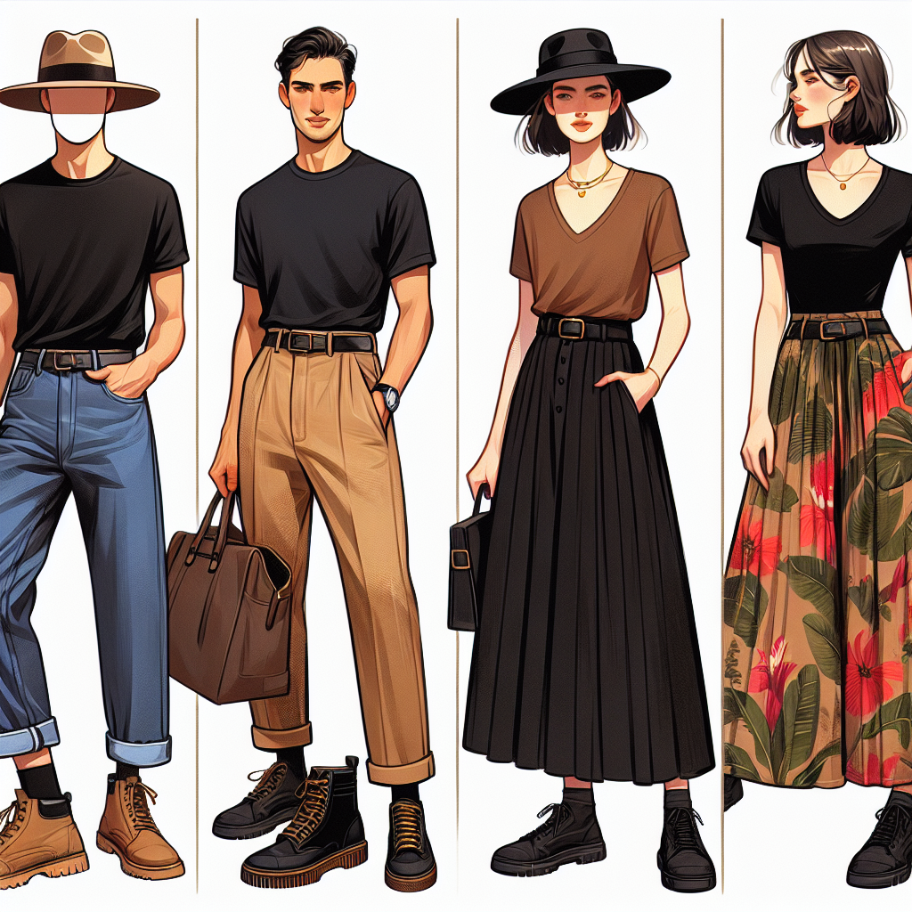 Visualize a fashion look book for black t-shirts. The scene includes four different outfit ideas, all starring a classic black t-shirt as the central piece. The first outfit consists of the black t-shirt paired with high-waist vintage jeans, a beige fedora hat, and brown hiking boots, modeled by a Caucasian woman. The second scenario involves a South Asian man in a black t-shirt paired with a sharp navy blue blazer and casual tan chinos. The third outfit features a Hispanic woman styling the black t-shirt with a vibrant, tropical print maxi skirt and chunky gold accessories. The final look involves a Middle Eastern man layering the black t-shirt under a burgundy corduroy shirt with black denim jeans and black sneakers. 
