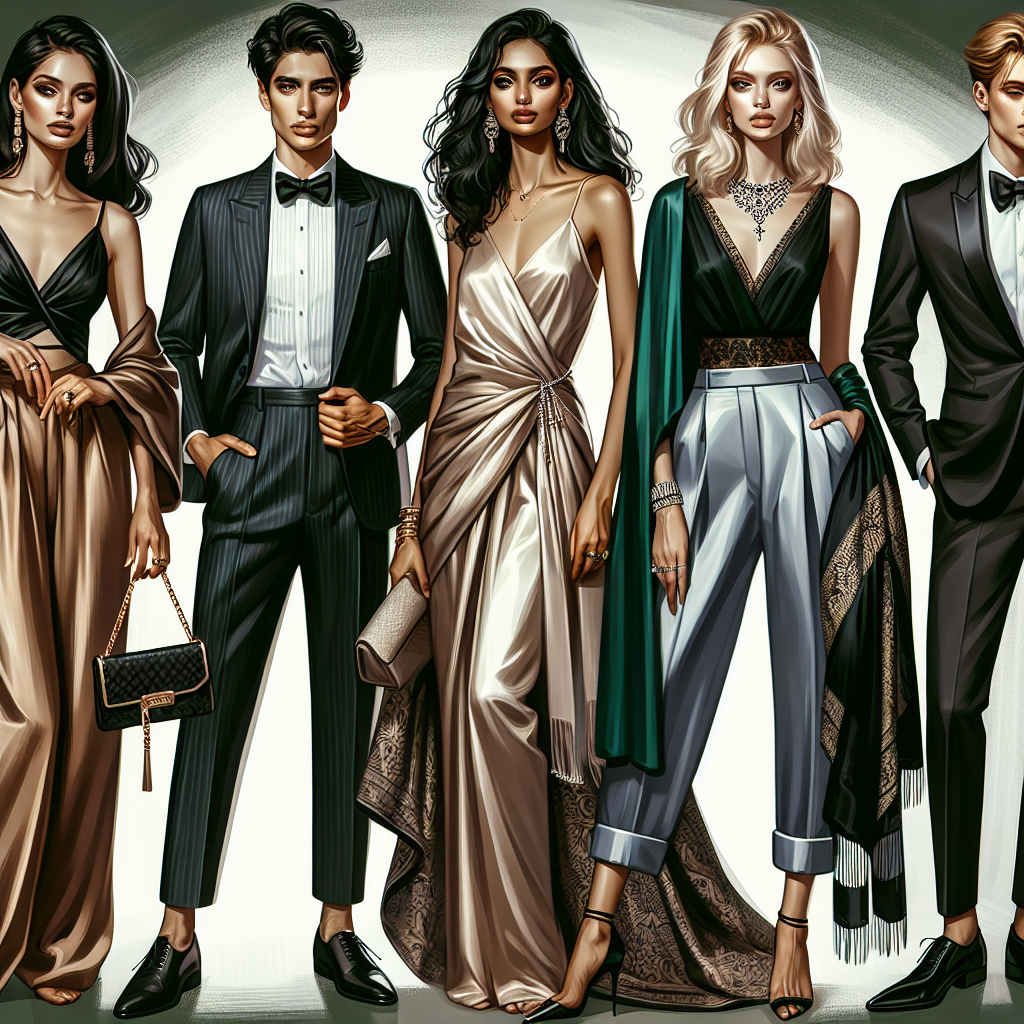 An array of stunning outfits suitable for guests attending a Bar Mitzvah, emphasizing an effortless style. The image should include a variety of clothing options, from chic and casual to formal and sophisticated. The outfits should cater to people of different genders and descents. For instance, picture a Caucasian woman in a sophisticated silk jumpsuit, a Hispanic man sporting a sharp, tailored suit, a South Asian woman wearing an elegant saree with contemporary touches, and a Black man donning a stylish tuxedo. Remember to include accessories like ties, handbags, jewelry that match these outfits.