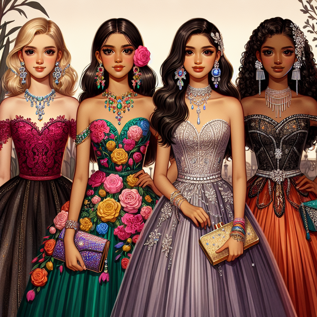 Depict a collection of spectacular evening wear, acting as guest fashion at a traditional Quincea&ntilde;era celebration. Showcase four individuals in the scene, each of distinct descent: one Caucasian, one Hispanic, one Black, and one Asian. Each person should be wearing a distinct style of outfit, exhibiting rich, vibrant colors, high-quality fabrics, and intricate detailing. Include various accessories such as earrings, necklaces, clutches, and high-heeled shoes. Allow the personality and unique style of each individual to shine through their outfit choices. Make sure the scene radiates the excitement and joy of the Quincea&ntilde;era celebration.