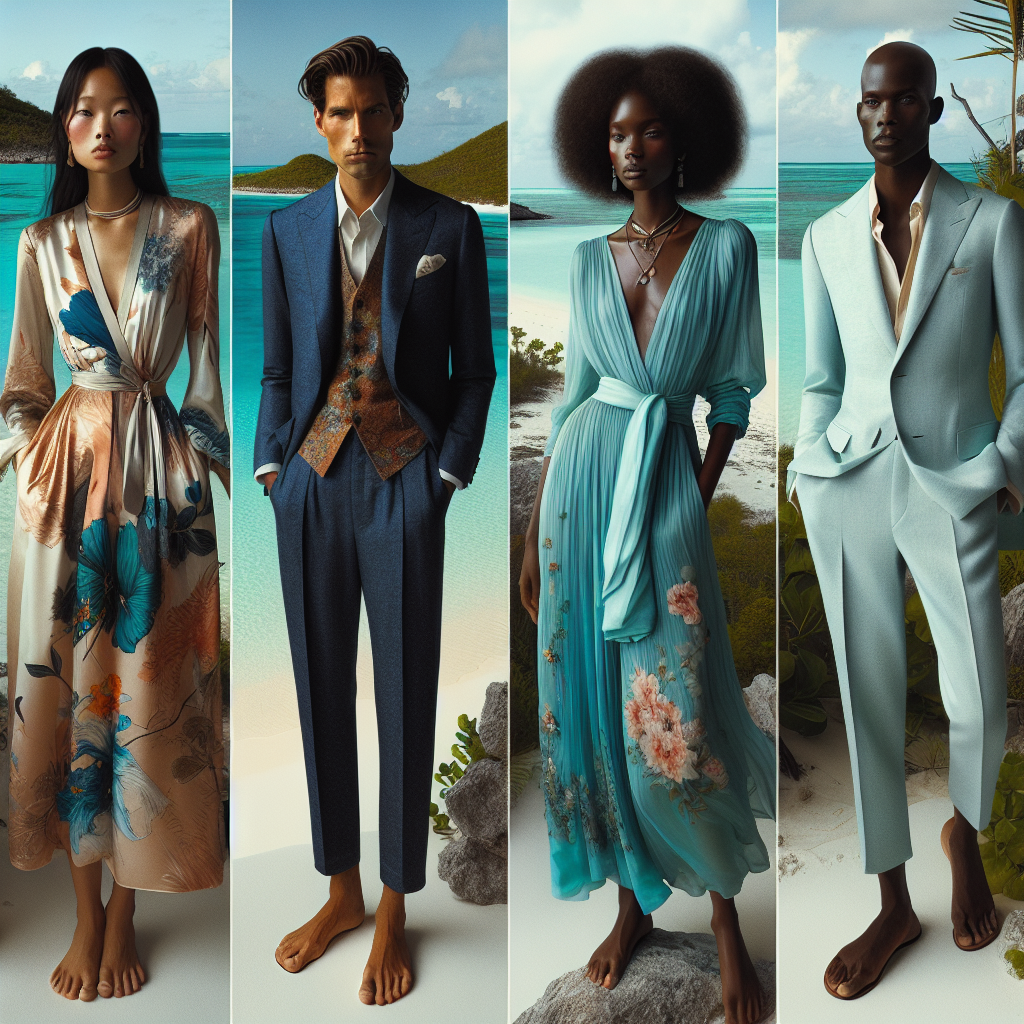 Imagine an image for a style guide. The focus is on fashion appropriate for a funeral in the Bahamas, a tropical environment with its distinctive color pallet. Picture a diversity of people, including an Asian woman wearing a somber but elegant floral print silk dress, a Middle-Eastern man in a crisp navy blue linen suit, a Black woman in a stylish turquoise chiffon ensemble, and a Caucasian man in a tastefully subtle pastel-colored button-down shirt and trousers. The scene is set against a backdrop of the serene Caribbean sea and lush vegetation. Each outfit subtly embraces the natural hues of the region despite the sober occasion.