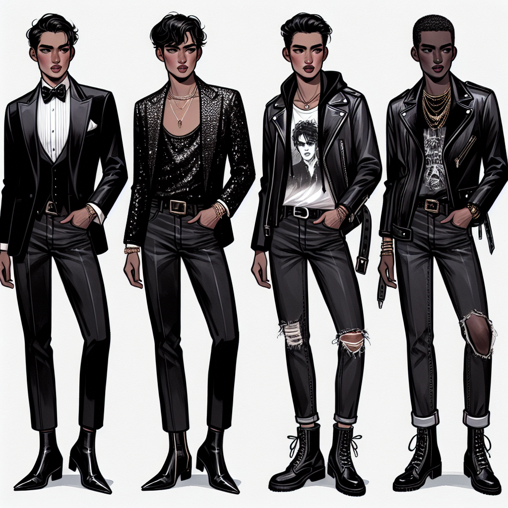 What to Wear with Black Jeans: Stunning Night-Out Looks Visualize a fashion guide depicting four distinct night-out looks paired with black jeans. The first model, a Hispanic male, can be rocking a luxurious velvet blazer, a matching bow-tie, crisp white shirt, and black ankle boots. The second, an Asian female, might flaunt a sequined tank top, black leather jacket, killer heels and an edgy statement necklace. The third individual, a Middle-Eastern male, might opt for a rugged look with a vintage band T-shirt, a distressed denim jacket, and black combat boots. Lastly, an African female model could sport a glossy silk blouse, chunky cardigan, ankle boots and layered necklaces.