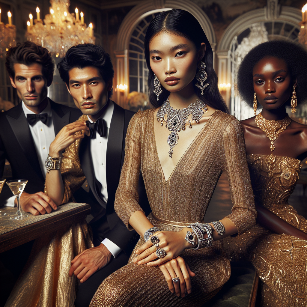 Stunning Jewelry Picks for Gold Dresses at Black Tie Weddings Depict an elegant scene from a black tie wedding reception. The image features four individuals - an Asian man with a classic black suit, a Middle-Eastern woman in a golden dress adorned with delicate jewelry, a Caucasian man in a sleek tuxedo, and a Black woman in a stunning gold gown also adorned with beautiful jewelry. Highlight the intricate details of the jewelry pieces, contrasting with the shimmering gold fabric of the dresses. Capture the luxurious ambiance of the event with crystal chandeliers, arched doorways, and opulent table settings around them.
