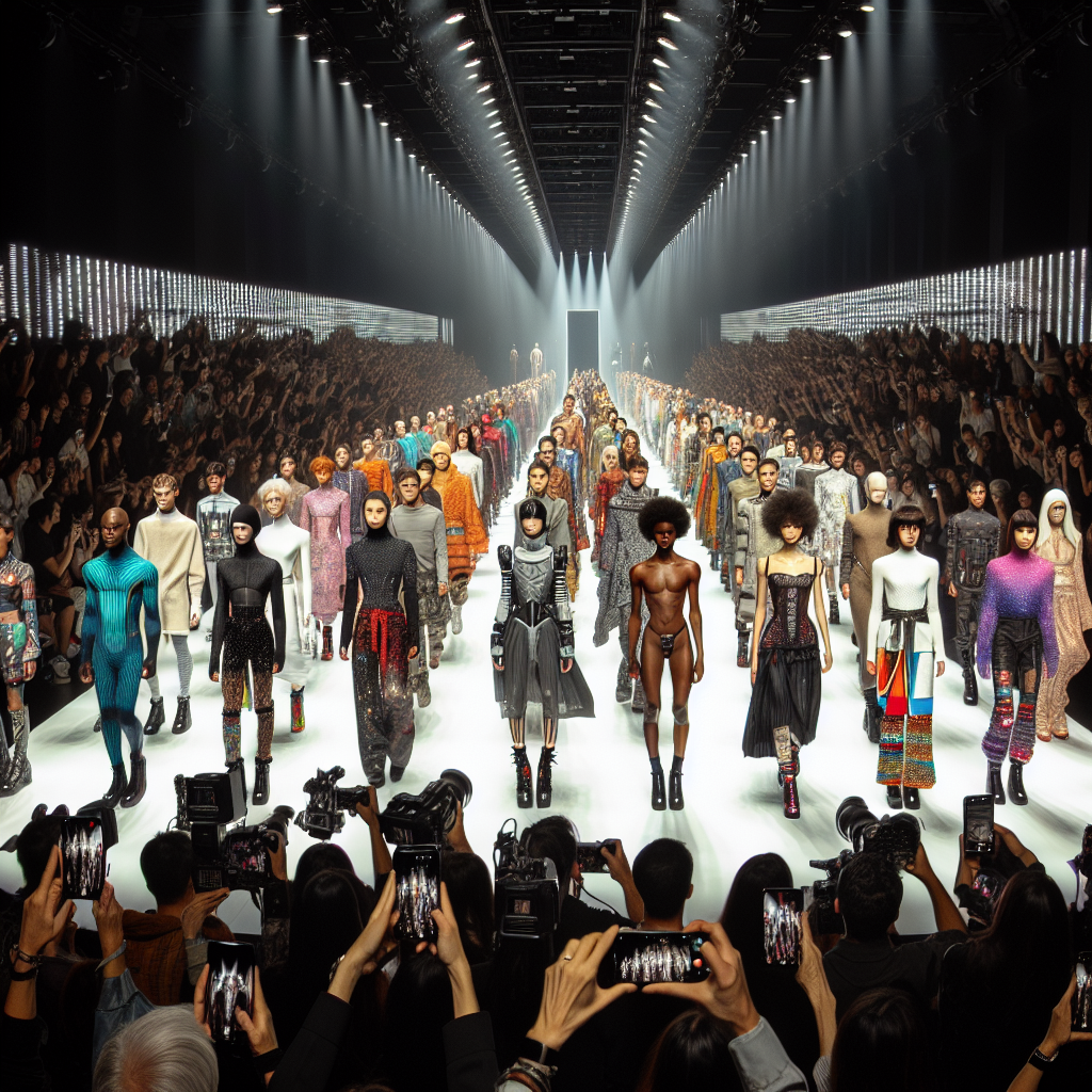 Stunning Fashion Show 2024 Outfits Unveiled A panoramic view of a runway fashion show in 2024. Models of various descents such as Caucasian, Black, South Asian, Hispanic, and Middle-Eastern, and genders are walking down the runway, showcasing the latest fashion designs. The models are styled in an assortment of vibrant, futuristic clothing that incorporate innovative textiles and designs. The atmosphere is electric under the spotlight, with the audience watching in awe and anticipation. Photographers are taking snapshots of the spectacular show, capturing the essence of the designs. The creativity and artistry of the fashion industry in 2024 are highlighted in this scene.