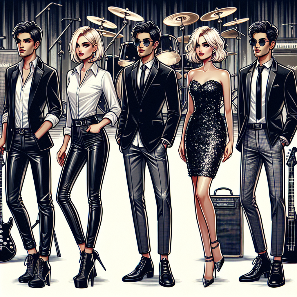 Imagine a detailed guide composed of chic outfits suitable for a rock orchestra. It would showcase a pair of stylish and edgy black leather pants paired with a crisp, white blouse worn by a bleach blonde, Caucasian woman. Followed by another outfit that comprises a trendy South Asian man in a black velvet coat and neatly tailored grey trousers. Then, picture a classy black middle-eastern woman who's rocking a dazzling sequin mini dress paired with stiletto heels. All of them are standing beside each other, set against the backdrop of a rock orchestra stage filled with musical instruments.