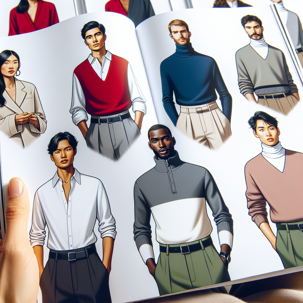 Imagine you're reading a fashion magazine showcasing the latest trends in layering ensembles under half zip sweaters. The page displays several illustrations including a South Asian woman sporting a crisp white collar shirt under a bold red half zip sweater, a Black man with a light grey turtle neck layered under a navy blue half zip sweater, a Hispanic woman wearing a classic black tank top underneath an olive green half zip sweater, and a Middle-Eastern man in a pastel pink polo shirt under a charcoal half zip sweater. All of them are elegantly accessorized with minimalist jewelry and coordinated trousers or skirts.