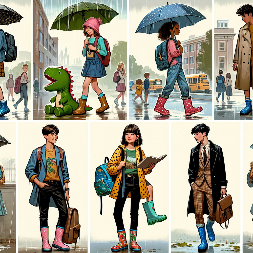 A depiction of students of various age groups and different descents showcasing their school style on a rainy day. Highlight a South Asian teenage girl in stylish water-resistant clothing, an eco-friendly umbrella held above her, and waterproof backpack slung over her shoulder. In another frame, depict a Black boy toddling to kindergarten in a cute dinosaur-themed raincoat and matching boots. Also, visualize an Asian teenage boy looking stylishly geek with a trench coat and book in hand, and a Middle Eastern young girl skipping around in a bright polka-dotted raincoat with matching rain boots. Each scene should show them on a school campus during a drizzly day.