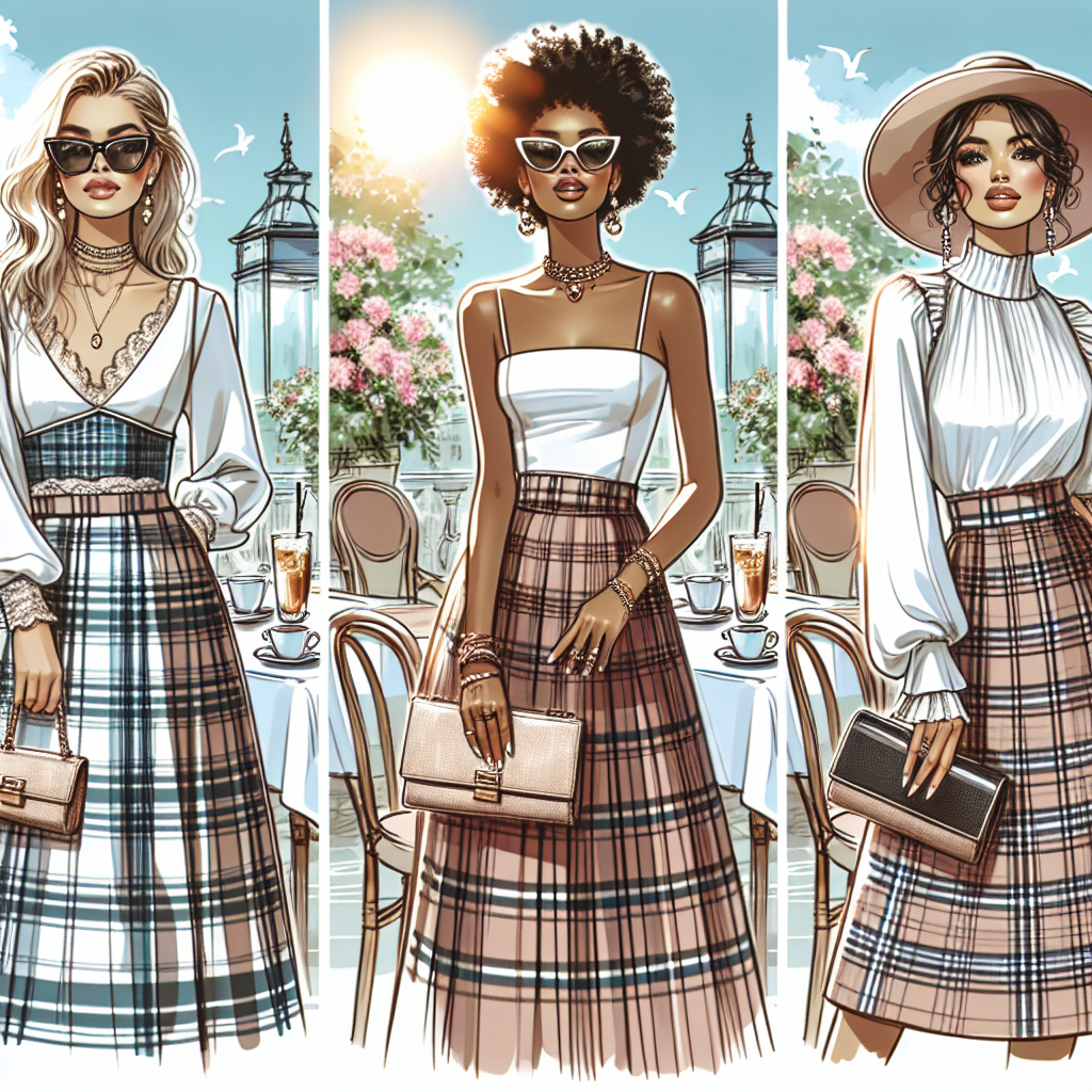 Stunning Outfits for Post-Wedding Brunch with Plaid Skirts Illustrate a set of three exquisite and fashionable outfits ideal for a post-wedding brunch. The outfits should incorporate plaid skirts into their designs. The models presenting these outfits consist of a Caucasian woman with blonde hair and sunglasses, a Black woman with curly hair and a clutch handbag, and a Hispanic woman with an updo hairstyle and a sun hat. The background could be a chic, open-air café filled with Sunday morning sunlight, topped by a clear, blue sky. Add some details such as fancy table arrangements, cups of coffee and fresh pastries on the tables.