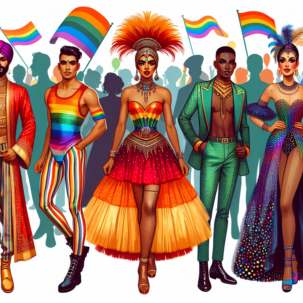 Imagine the bustling scene of a vibrant Pride Parade. Display a variety of stunning outfits representing different styles and colors of the rainbow. Show a South Asian man in a brilliant red sari, embellished with sequins. Depict an Hispanic woman wearing a flamboyant orange tutu paired with a striped tank top. Picture a Middle-Eastern individual in a striking green jumpsuit adorned with pride symbols. Include a Black woman in an extravagant purple ball gown and feathered hat. Lastly, envision a Caucasian man in a captivating blue suit decorated with multi-colored polka dots. Each outfit reflects the individual's personality, making each one a perfect match for their lively spirit and the upbeat atmosphere of the parade.