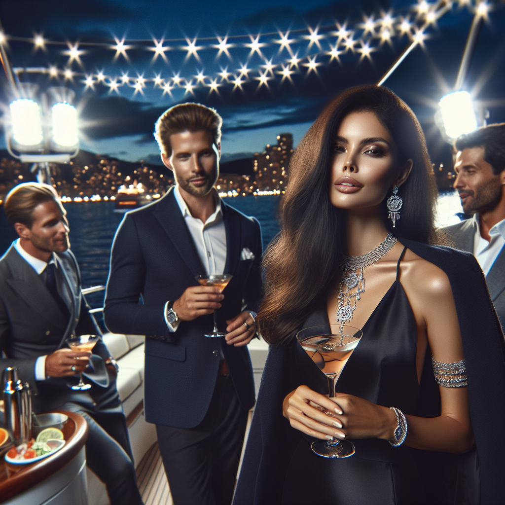 Imagine a scene on a luxury yacht where a party is taking place in the evening. Several well-dressed individuals are seen socializing. A woman with a Hispanic descent is wearing an elegant black dress accessorized with silver jewellery, and a man of Middle-Eastern descent sports a navy blazer with a crisp white shirt. Spotlights softly illuminating the scene, stars twinkling in the night sky, with cocktails in hands and the reflection of city lights on the water. Everyone radiates sophistication and style, fitting for a high-end yacht party.