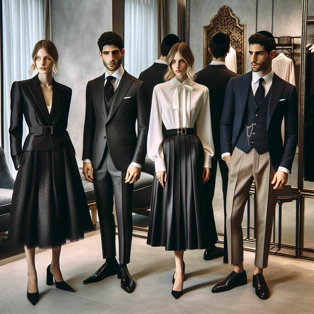 An array of sophisticated and stunning outfits appropriate for a Jewish unveiling ceremony. The outfits include a tasteful black dress worn by a Caucasian woman, a smart charcoal suit donned by a Middle-Eastern man, a formal white blouse and black skirt ensemble displayed by an Asian woman, and a stylish navy blue blazer with khaki pants sported by a Black man. All the outfits should be designed with elegance and minimalism in mind, portraying effortless style. The setting is a boutique with mirrors and an elegant atmosphere.