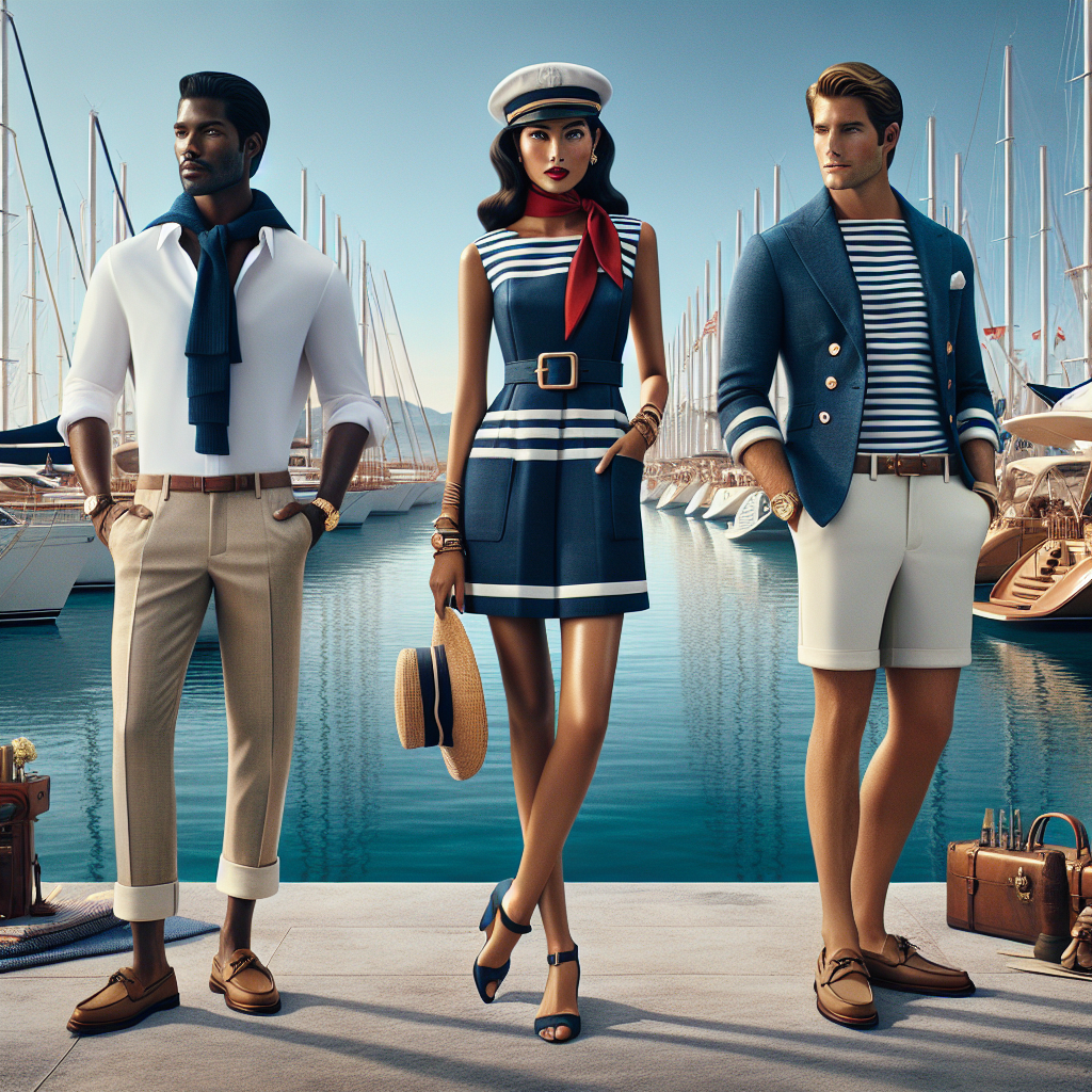 Imagine a fashion-forward scene at a boat show. Centered is a South Asian woman styled in a chic navy blue nautical dress, complete with white stripes and a red scarf around her neck. To her left, a Black man sports a crisp white shirt, khaki shorts, and a skipper's cap. To her right, a Caucasian man is dressed in a fitting sailing jacket over a light blue shirt, jeans, and deck shoes. An array of luxurious yachts and boats serenely float in the water behind them under a clear blue sky.