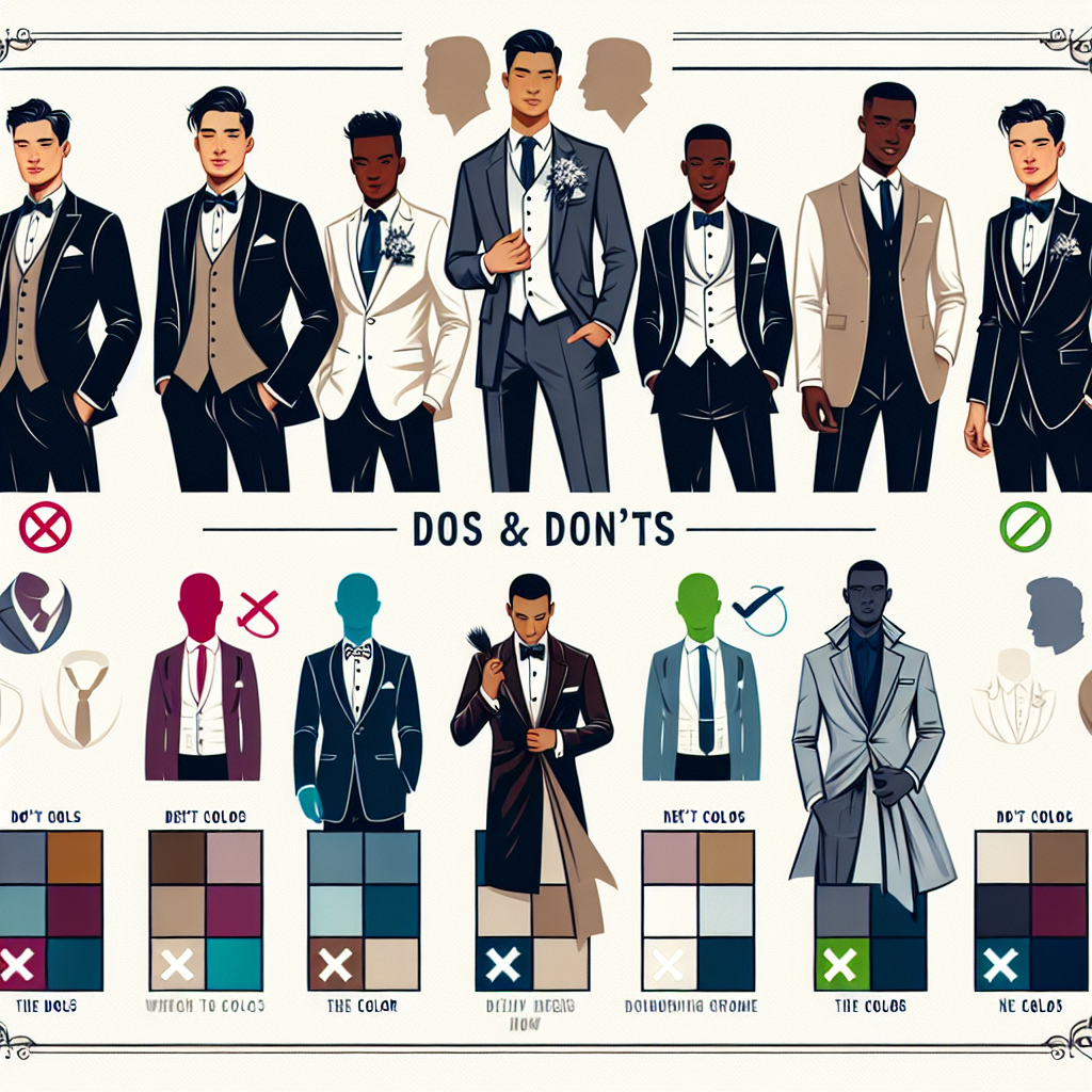 An informative graphic illustrating different types of male wedding attire in a variety of colours, with several of them crossed out or marked with a 'no' symbol to indicate colors to avoid. It includes an elegant Asian man in a stylish suit, an energetic African man in a traditional African groom outfit, and a graceful Caucasian man in a classic tuxedo. Include a color palette at the bottom corner with colors that are considered inappropriate for a wedding context. Also include stylish texts with tips on the dos and don'ts of men's wedding wear.