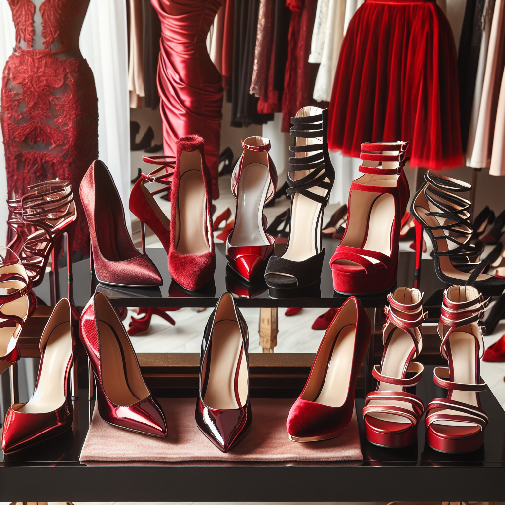A collection of various high-heeled shoes in an array of styles and designs displayed on an elegant stand. Among them, the highlights are a pair of stunning patent leather stiletto heels, a pair of velvet platform heels, and a pair of strappy gladiator heels, all in rich, matching shades of red. These shoes are specifically chosen to complement a sophisticated, crimson red evening dress which is draped on a stylish mannequin nearby. The arrangement is set against a chic, boutique-style backdrop.