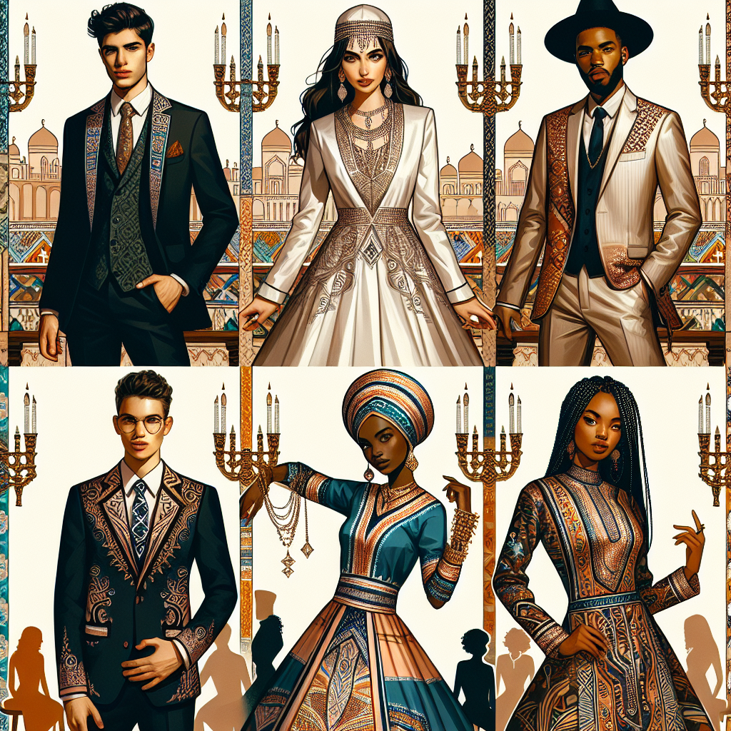 Create an image showcasing a variety of stunning outfits for a Passover Seder. This should include five people, each of different descents: one Middle-Eastern woman gracefully dressed in a smart formal outfit adapted for the holiday's customs, one Hispanic man donning an elegant outfit highlighting his cultural heritage, one South Asian woman wearing a fusion outfit combining traditional Southeast Asian garments and Seder symbols, one Caucasian man wearing a stylish and modern suit embellished with Passover motifs, and a Black woman captivates in an elaborate, traditional African dress adjusted for the Passover event.