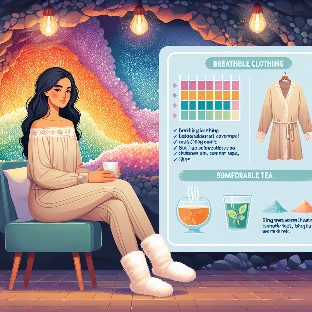 What to Wear in a Salt Cave Spa: Effortless Guide Illustrate an image of a serene salt cave spa environment. It should feature multi-colored, glowing salt crystals on the walls and a soft, dimly lit atmosphere. A South Asian woman should be comfortably seated on a plush chair, adorned in breathable spa attire that includes a lightweight tunic and comfortable leggings. She is wearing warm, fuzzy spa slippers and holding a glass of soothing herbal tea in her hands. Also, show a helpful infographic on one side that highlights the key takeaways from the article - breathable clothing, comfortable footwear, and bringing a warm drink.