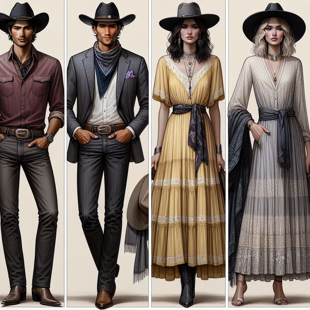 A carefully curated collection of diverse, chic outfits, designed to complement a black cowboy hat. The first ensemble includes a robust South Asian man wearing a burgundy button-down shirt, a patterned neckerchief, and raw denim jeans. Beside him, a slender Caucasian woman wears a flowing, buttery yellow sundress detailed with white lace. Their shoulder length blonde hair softly touches the brim of their hat. Next, a tall Middle-Eastern man strikes a pose in a charcoal gray suit with a lavender pocket square peeking neatly from the breast pocket. Displayed beside him is a Hispanic woman in a monochromatic silver sequin dress, coupled with sterling silver accessories. Their stylized Black cowboy hats complete each ensemble, creating a harmonious blend of western and modern styles.