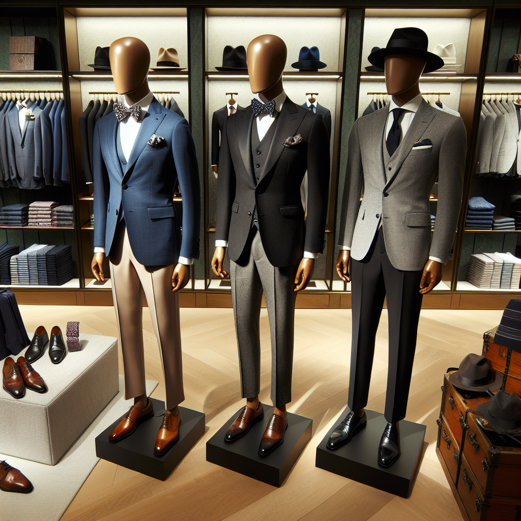 Envision a men's fashion store display featuring wedding guest attire essentials. In the foreground, three mannequins of different descent - Caucasian, Black and Middle-Eastern - are set up. The first one is elegantly dressed in a sharp blue blazer matched with well-pressed khaki trousers, the second one is wearing a charcoal grey three-piece suit and the final mannequin is adorning a classic black tuxedo with a bow tie. Each outfit is complemented with leather oxford shoes, cufflinks and a pocket square. On a shelf behind them, tastefully arranged are ties of various patterns and colors, stylish fedoras and leather belts.