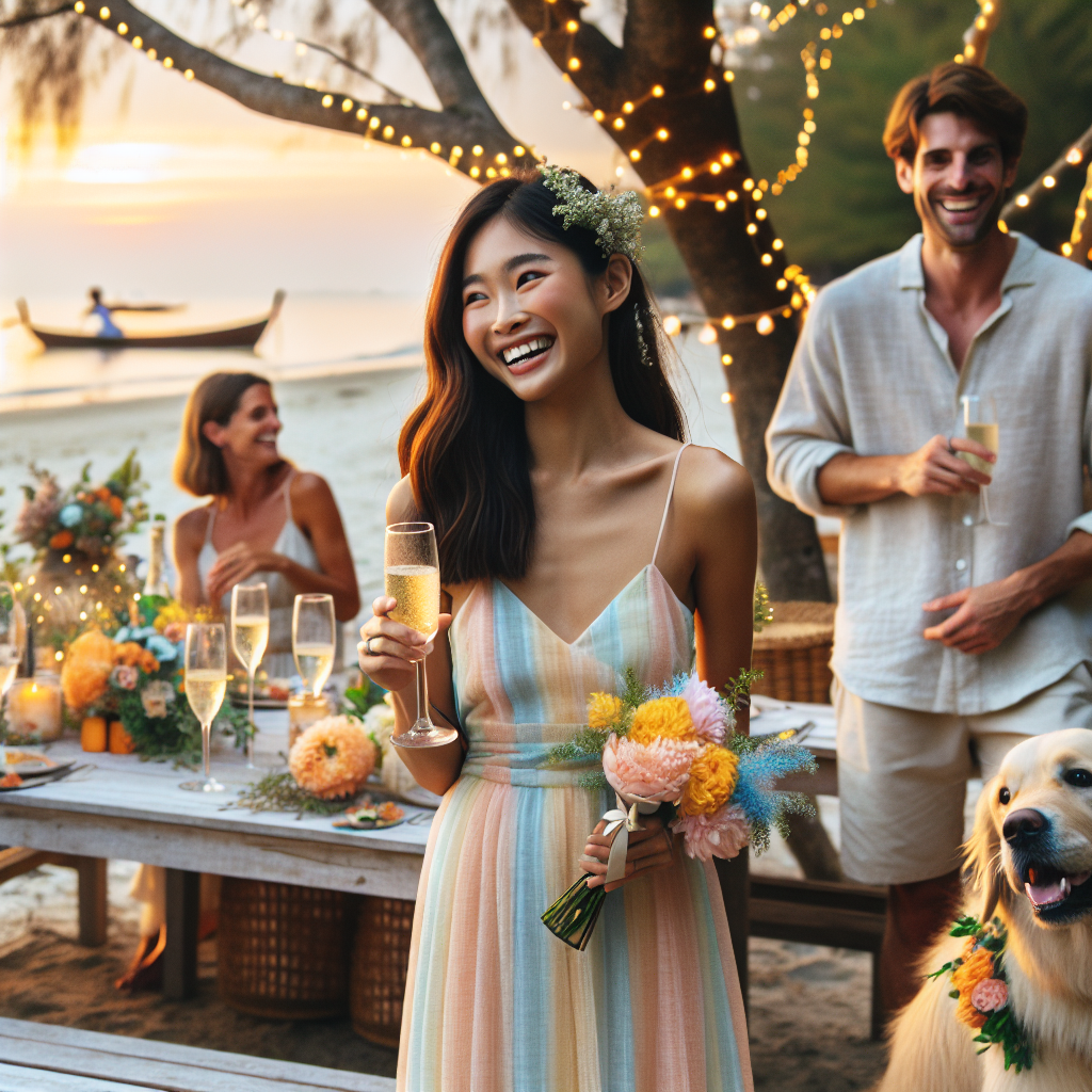 Must-Have Styles for Casual Engagement Parties! A southeast Asian woman wearing a semi-formal summer dress in pastel colors, holding a champagne glass at a beach engagement party during sunset. A Caucasian man in a light linen shirt and khakis nearby, laughing with friends. Unique pieces of party decor ranging from twinkling fairy lights in trees to rustic wooden tables covered in fresh bright flowers. A surprise moment of a golden retriever wearing a floral garland as a party guest. All in a calm, warm and cheerful atmosphere reflective of a casual engagement party.